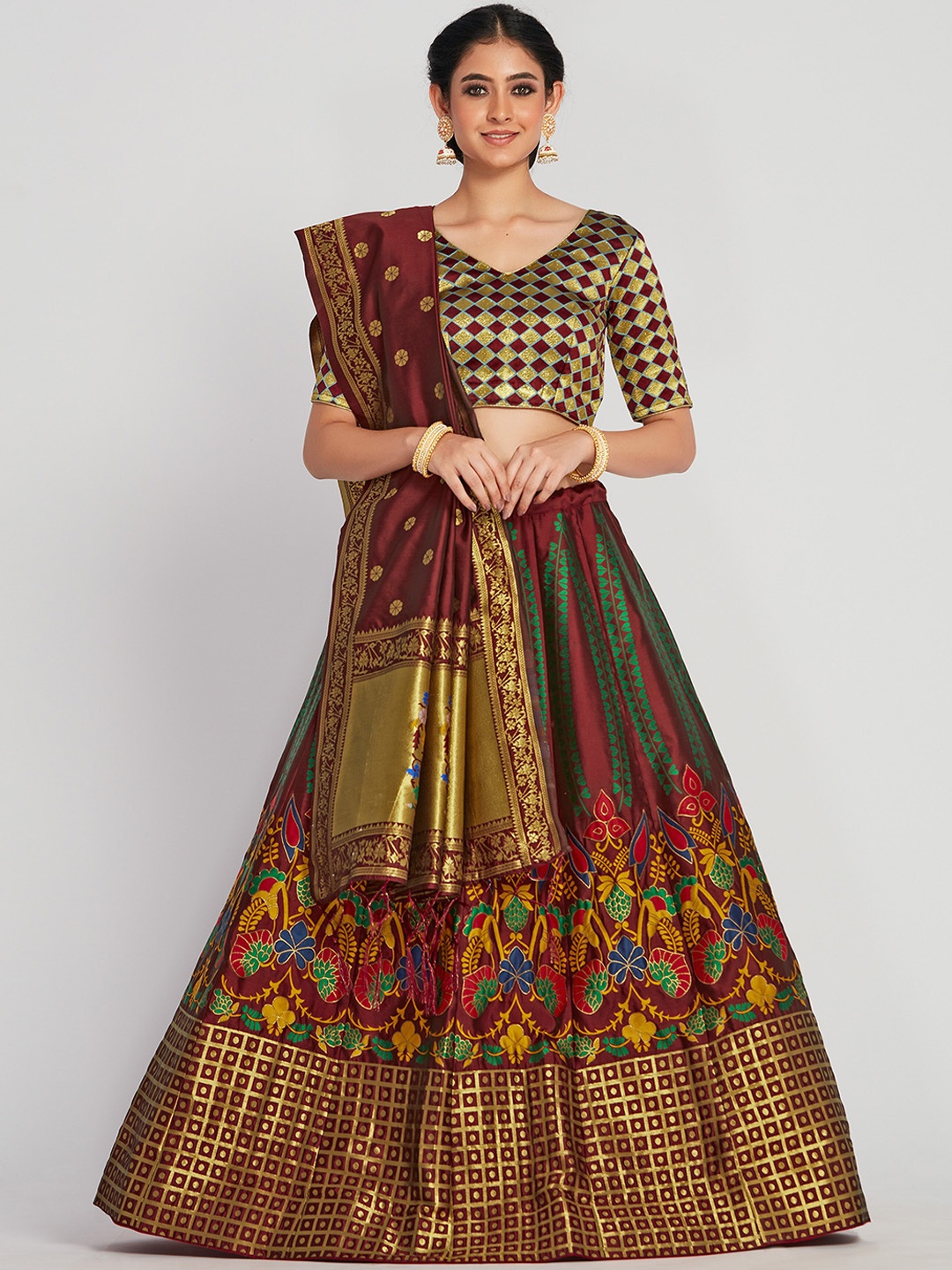 

MIMOSA Maroon & Gold Coloured Embroidered Semi-Stitched Lehenga & Blouse with Dupatta