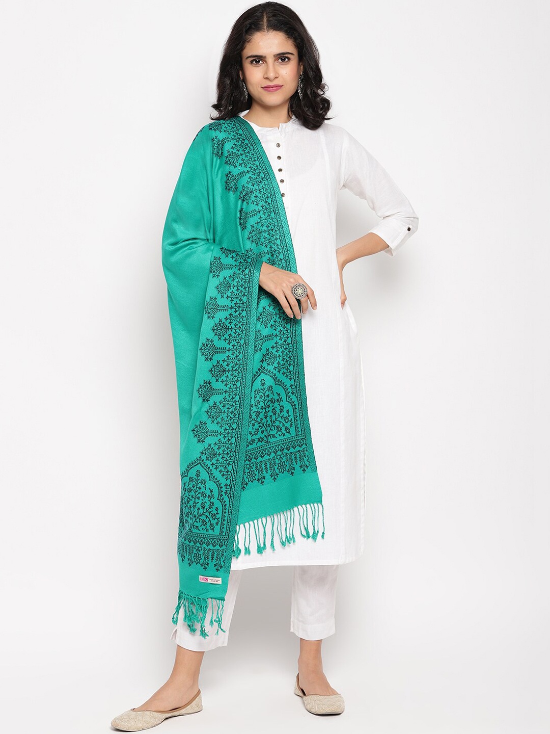 HK colours of fashion Women Sea-Green & Black Woven-Design Jacquard Stole