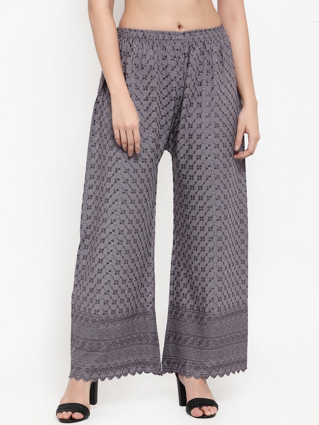

Miaz Lifestyle Women Grey Embroidered Straight Hem Design Palazzos