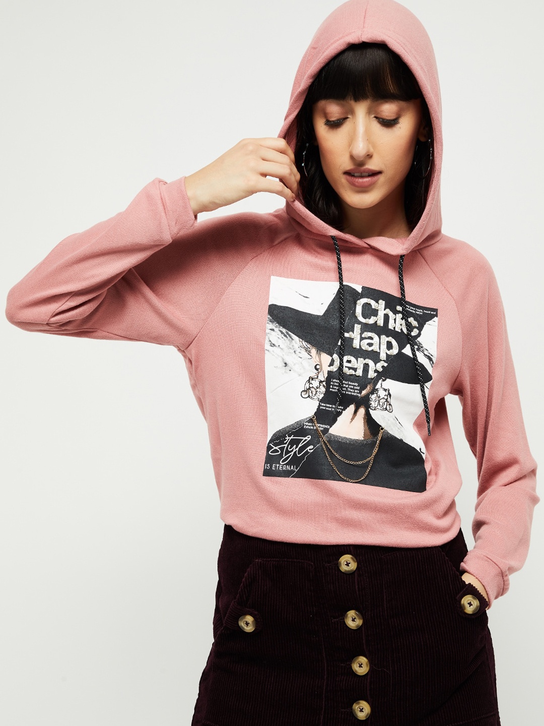 

max Women Pink Printed Hooded Sweatshirt