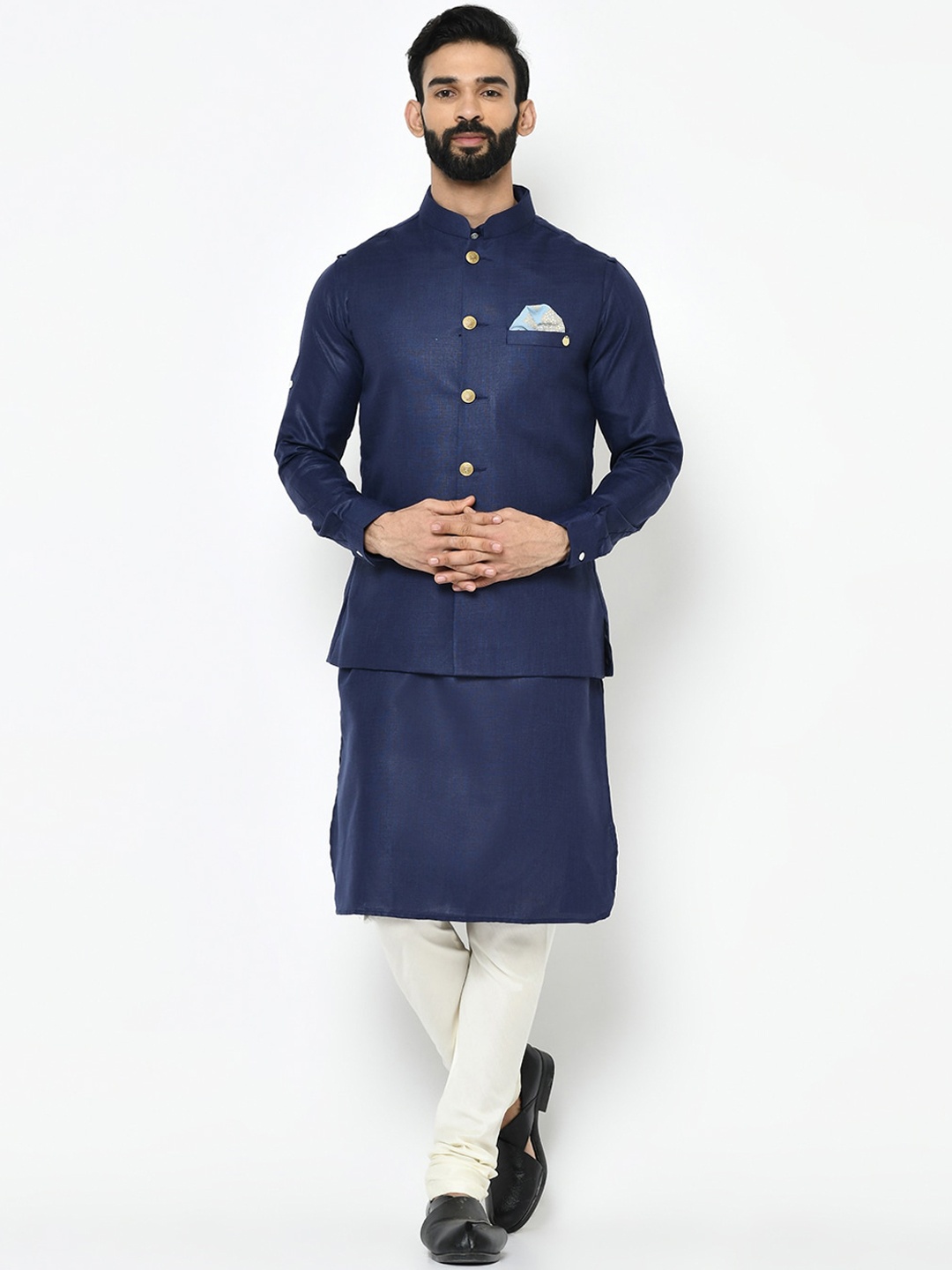 

KISAH Men Navy Blue & White Solid Kurta with Churidar & Nehru Jacket