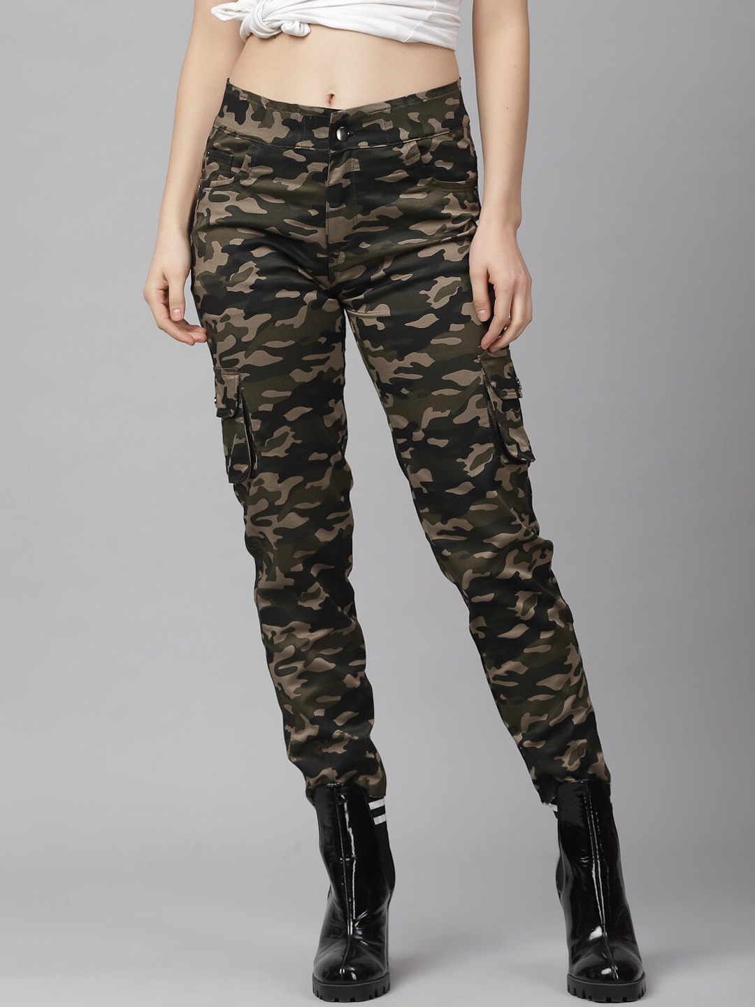 KASSUALLY Women Green & Beige Straight Fit Printed Cargos