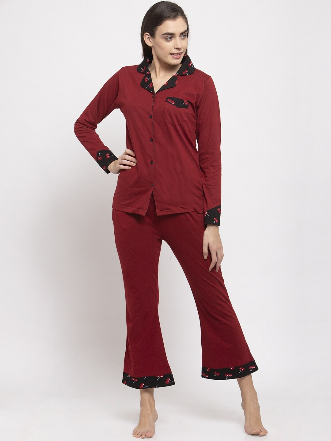 

Claura Women Maroon Solid Night Suit