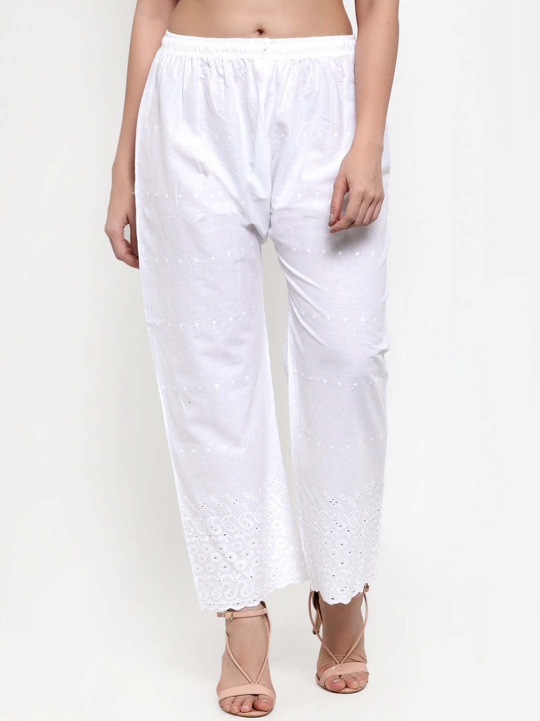 

Miaz Lifestyle Women White Embroidered Straight Fit Palazzos