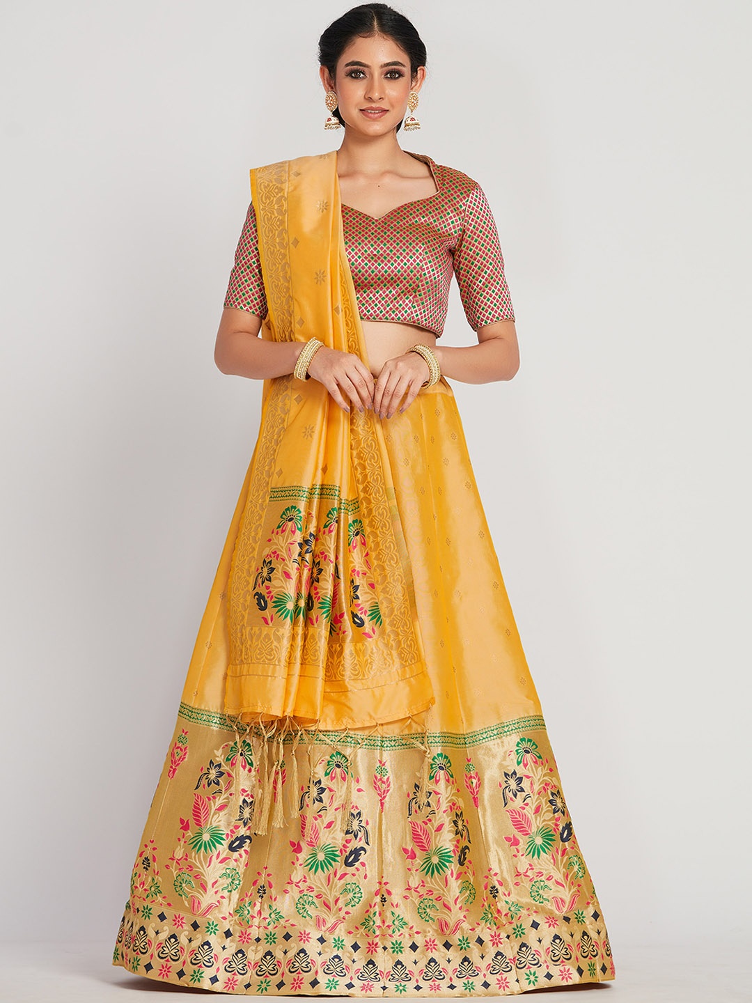 

MIMOSA Women Gold-Coloured & Yellow Woven-Design Semi-Stitched Lehenga With Unstitched Blouse & Dupatta
