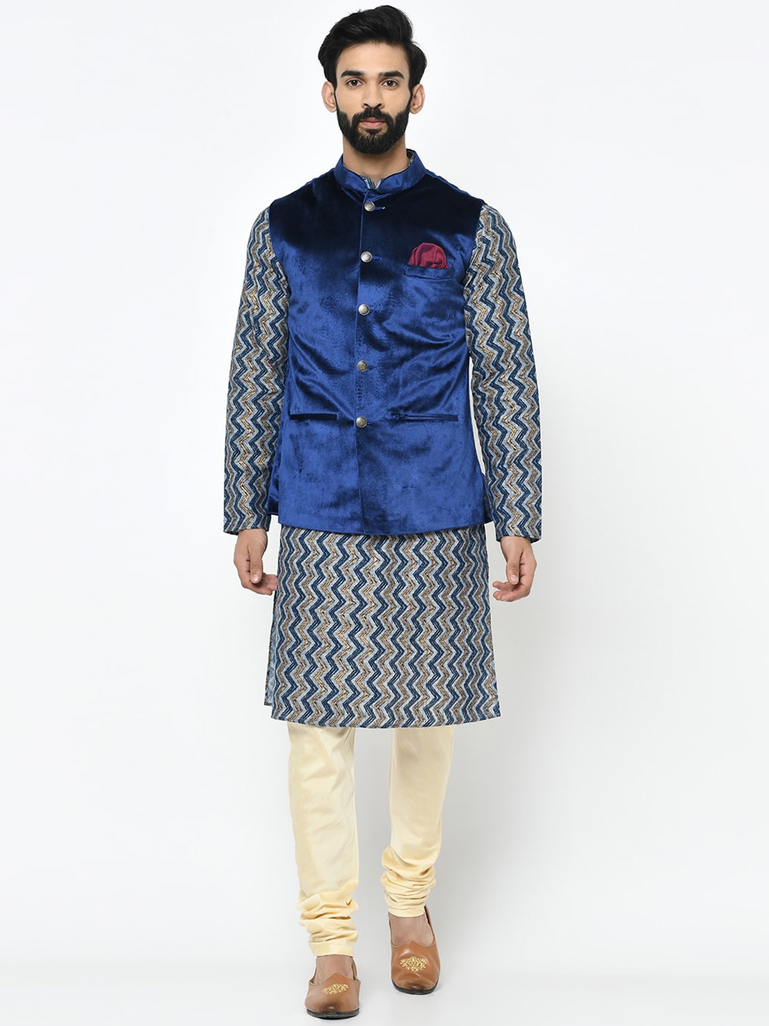 

KISAH Men Blue & Gold-Coloured Striped Kurta with Churidar & Nehru Jacket