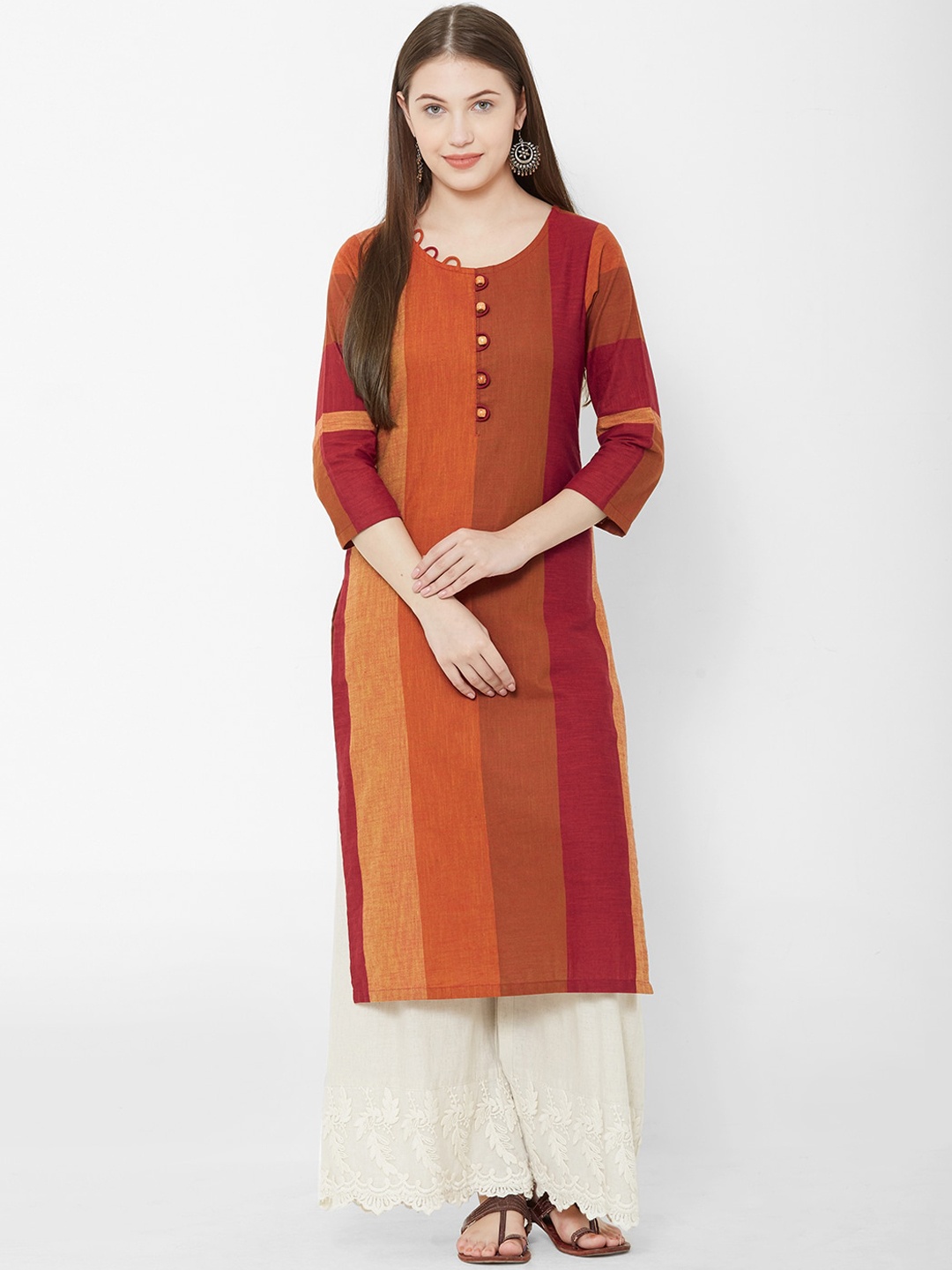 

Os Women Orange & Brown Striped Straight Kurta