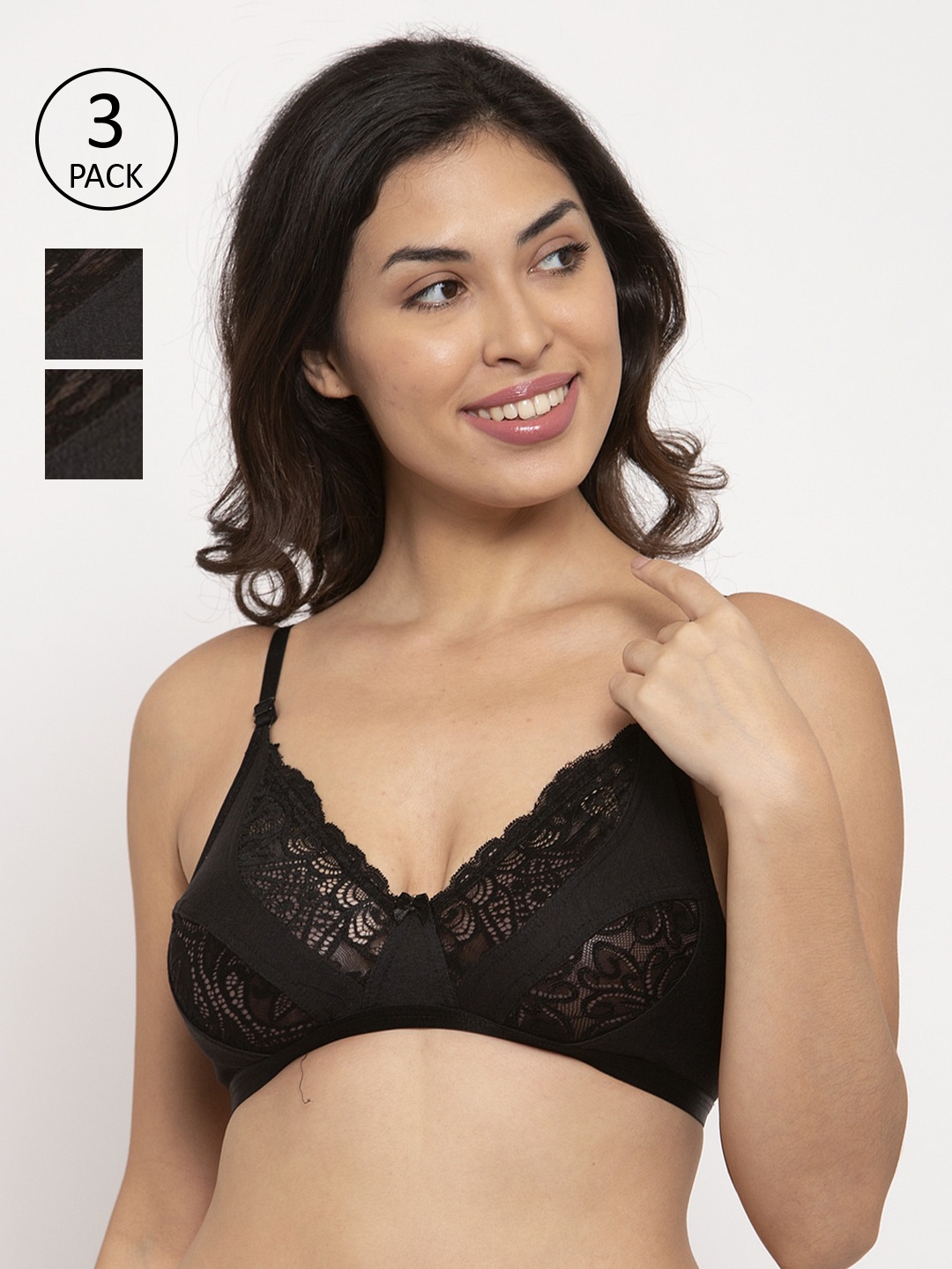 

Innocence Women Black Lace Non-Padded Wireless Everyday Bra BBAPLIN90529_28B