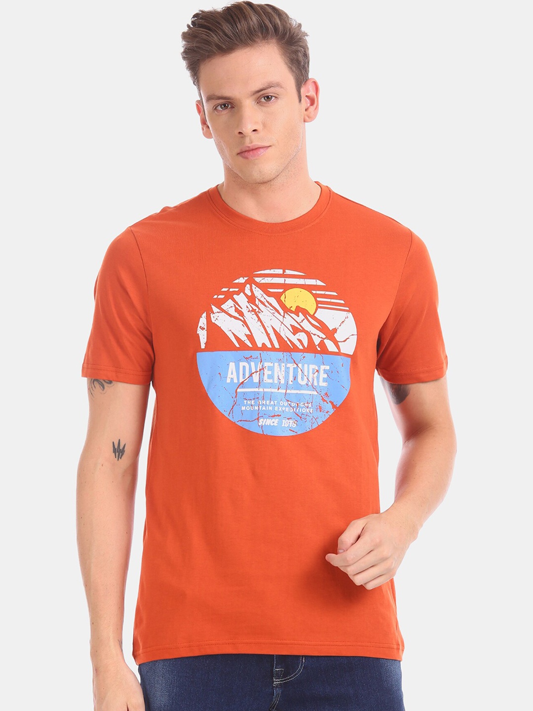 

Cherokee Men Orange Printed Round Neck Pure Cotton T-shirt