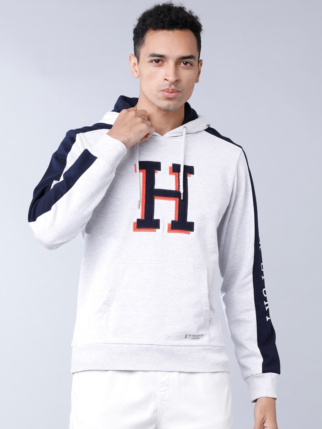 HIGHLANDER Men Grey & Navy Blue Printed Hooded Sweatshirt