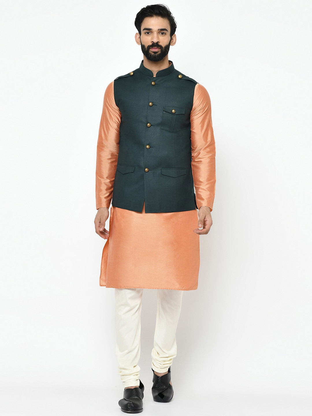 

KISAH Men Peach-Coloured & Cream-Coloured Solid Kurta with Pyjamas