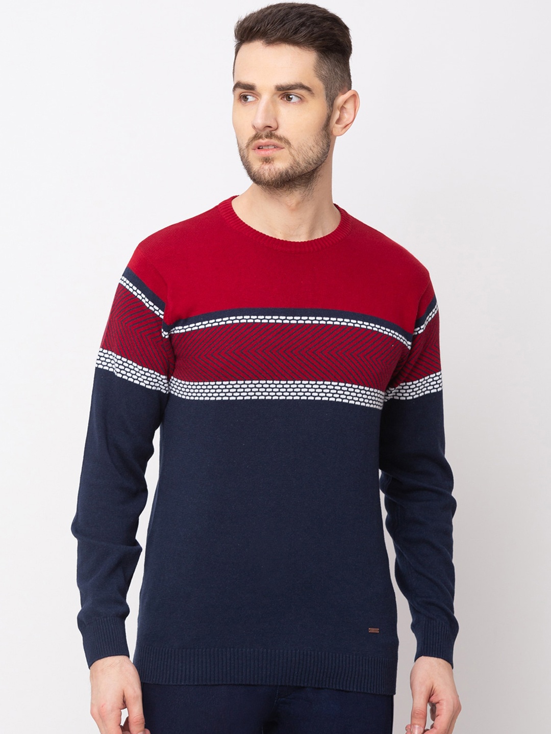 

Globus Men Navy Blue & Red Colourblocked Pullover Sweater