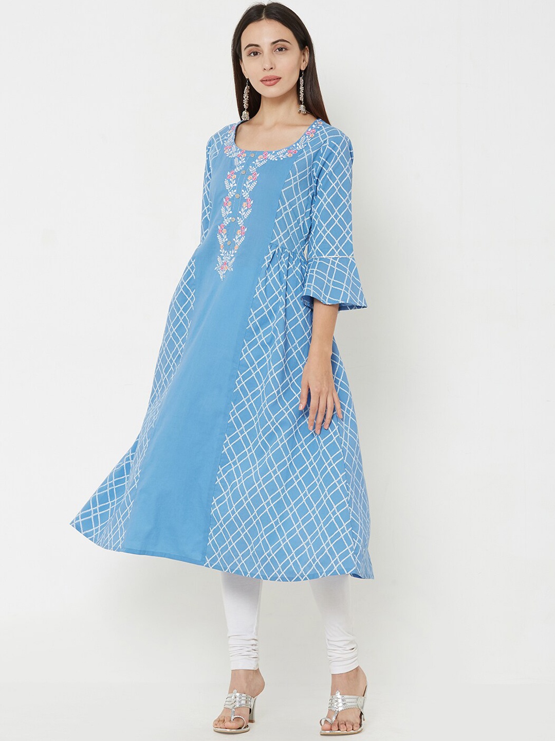 

FASHOR Women Blue & Off-White Checked A-Line Kurta