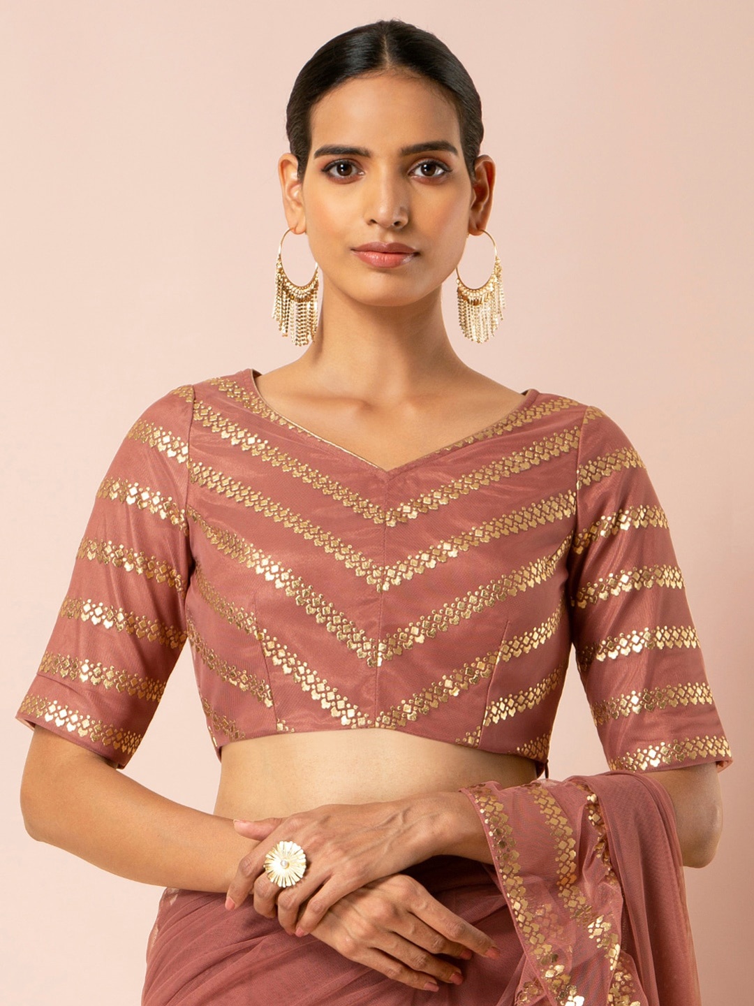 

INDYA Women Pink & Gold-Coloured Foil Embellished Ethnic Crop Top