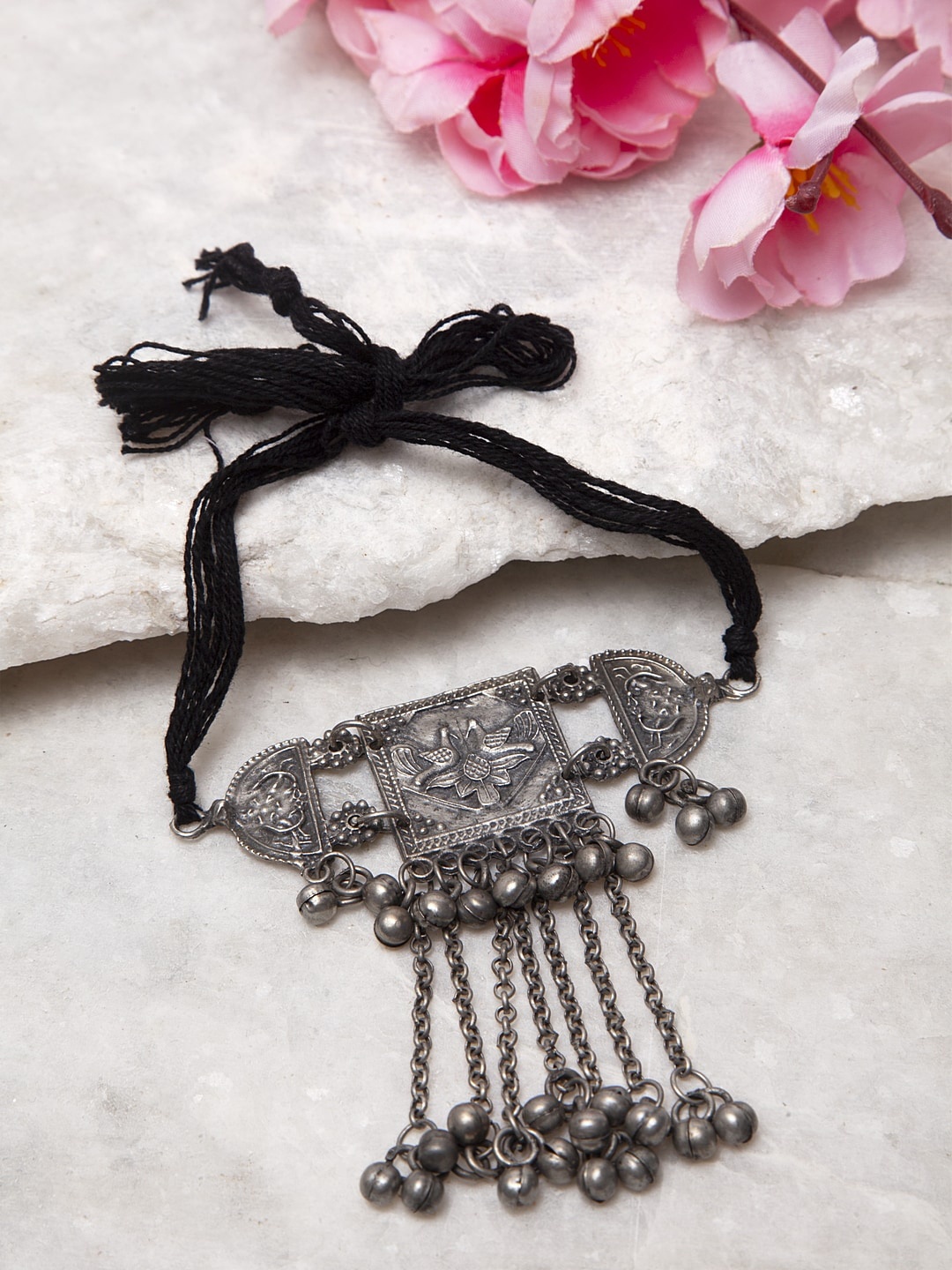 

Moedbuille Silver-Toned Handcrafted Tribal Temple Design Choker Necklace
