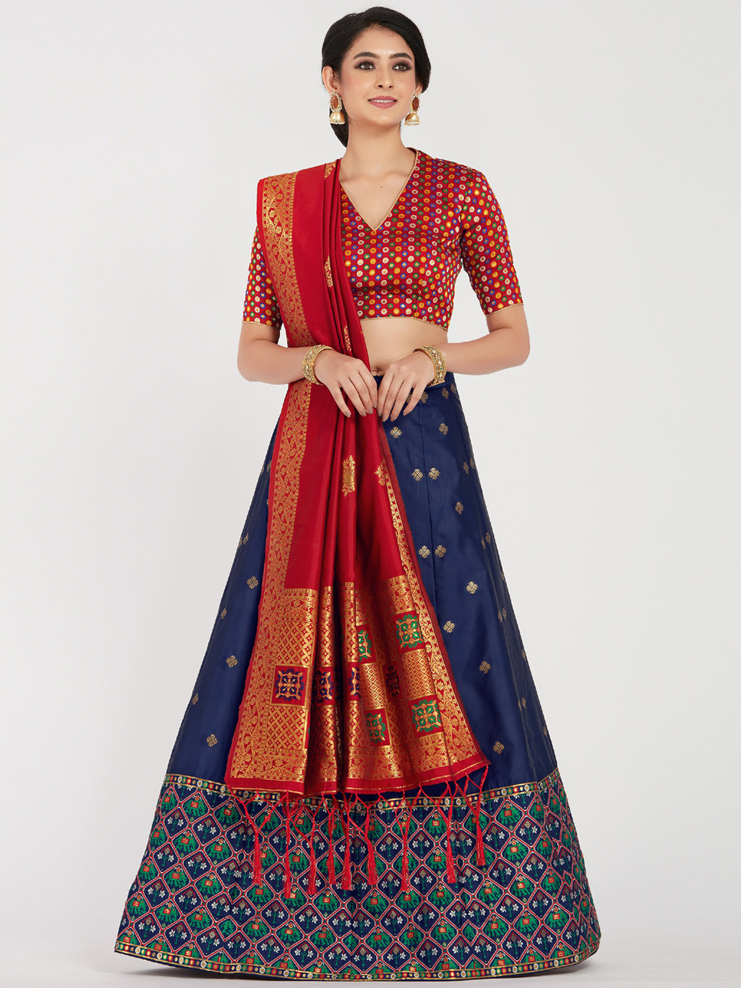 

MIMOSA Women Blue & Red Semi-Stitched Lehenga With Unstitched Blouse & Dupatta