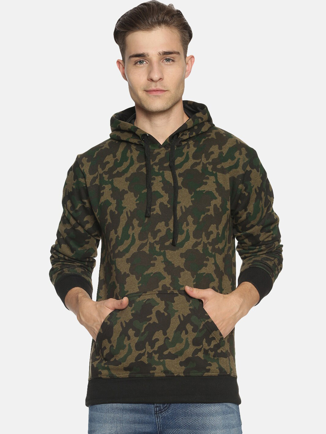 

Campus Sutra Men Green & Beige Camouflage Printed Hooded Sweatshirt