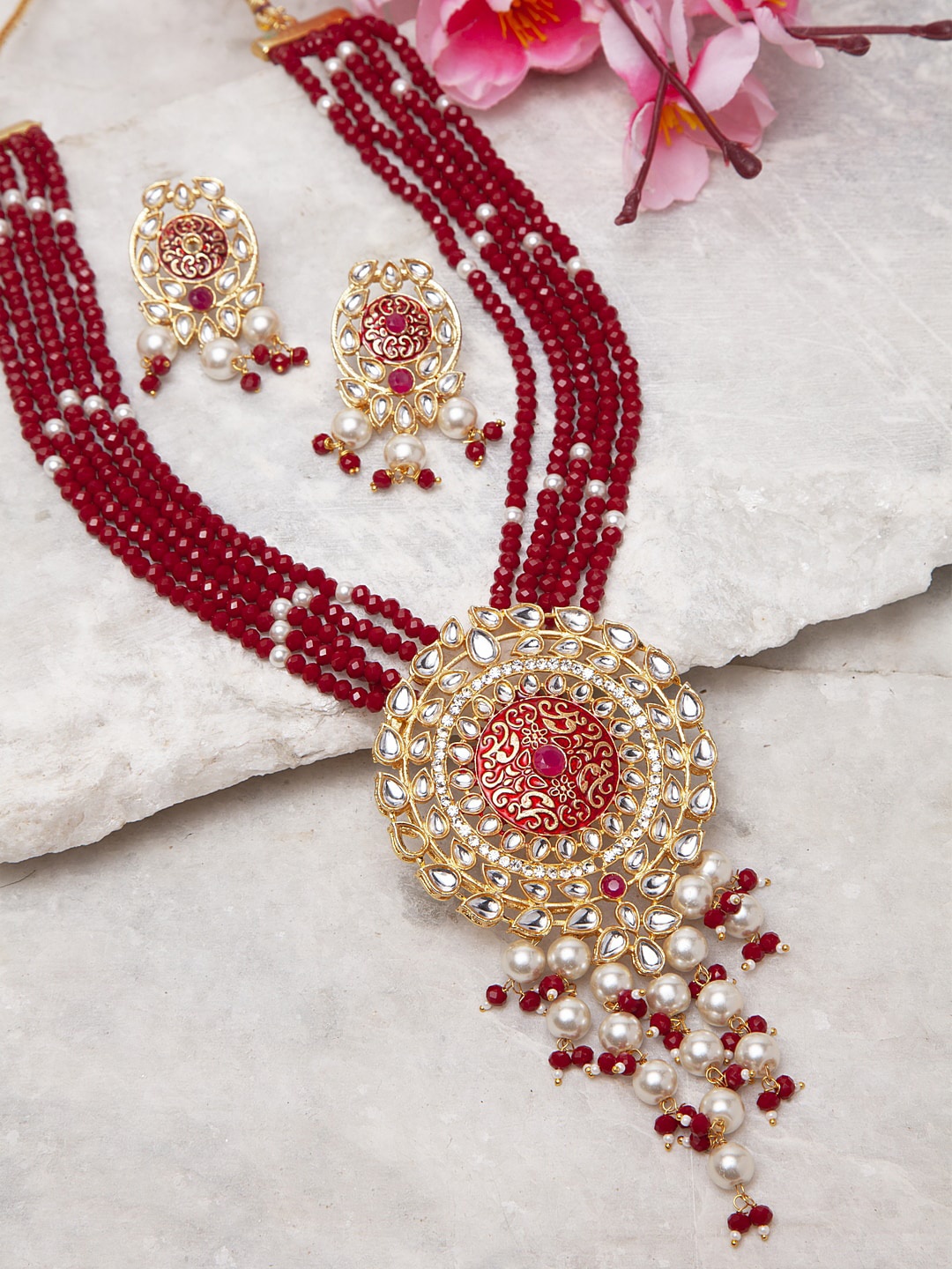 

Moedbuille Gold-Plated Red & White Kundan Studded Hand Painted Jewellery Set