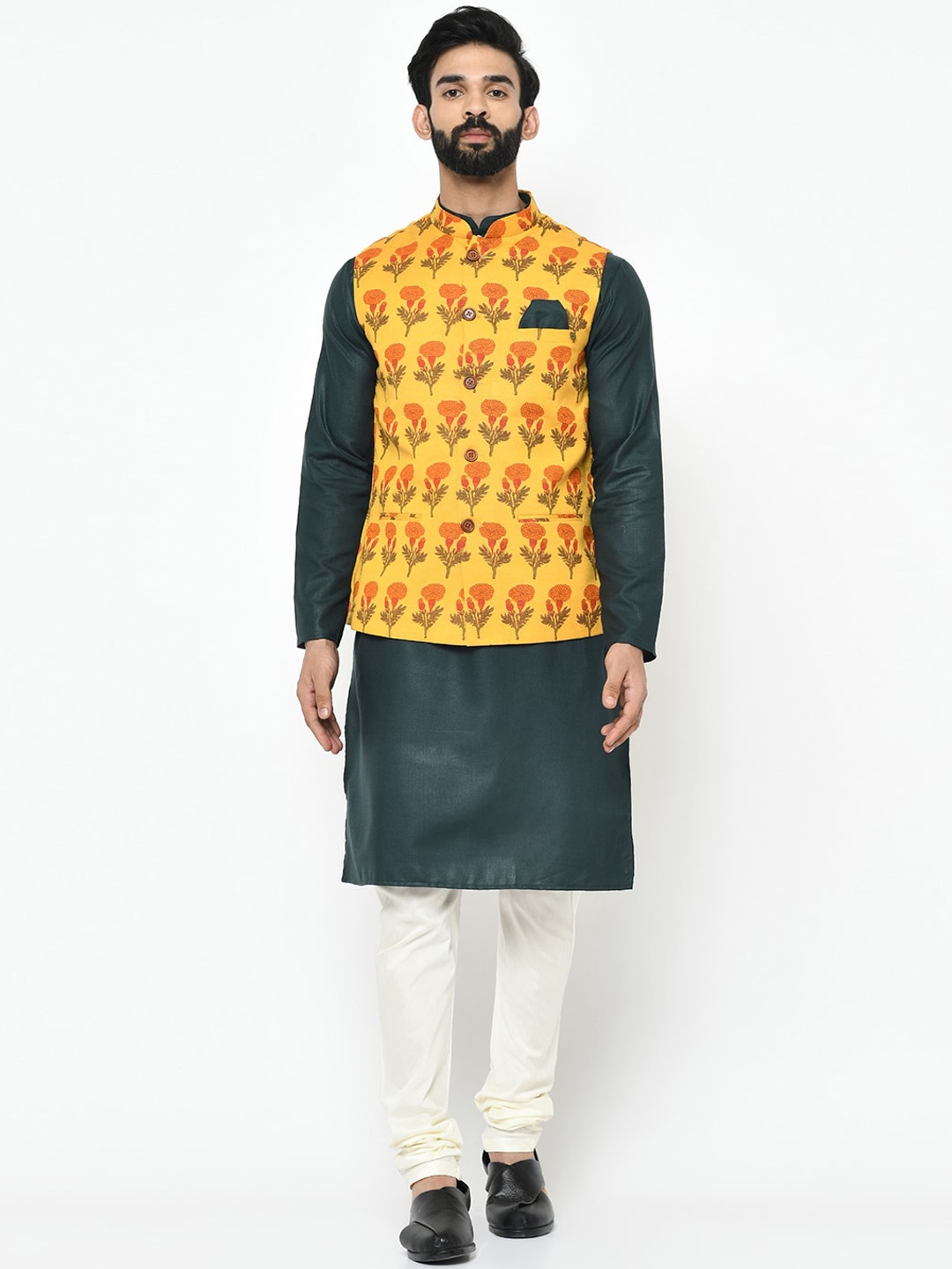 

KISAH Men Green & White Solid Kurta with Churidar With Jacket