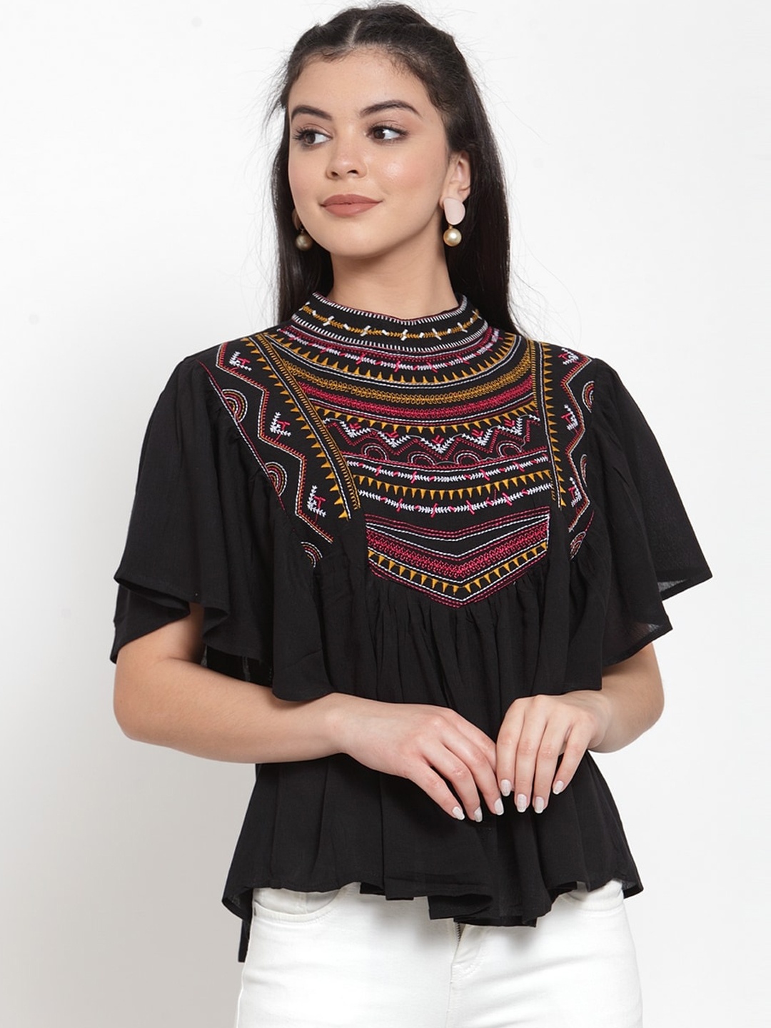 

Miaz Lifestyle Women Black & Red Embroidered Ruffled Top