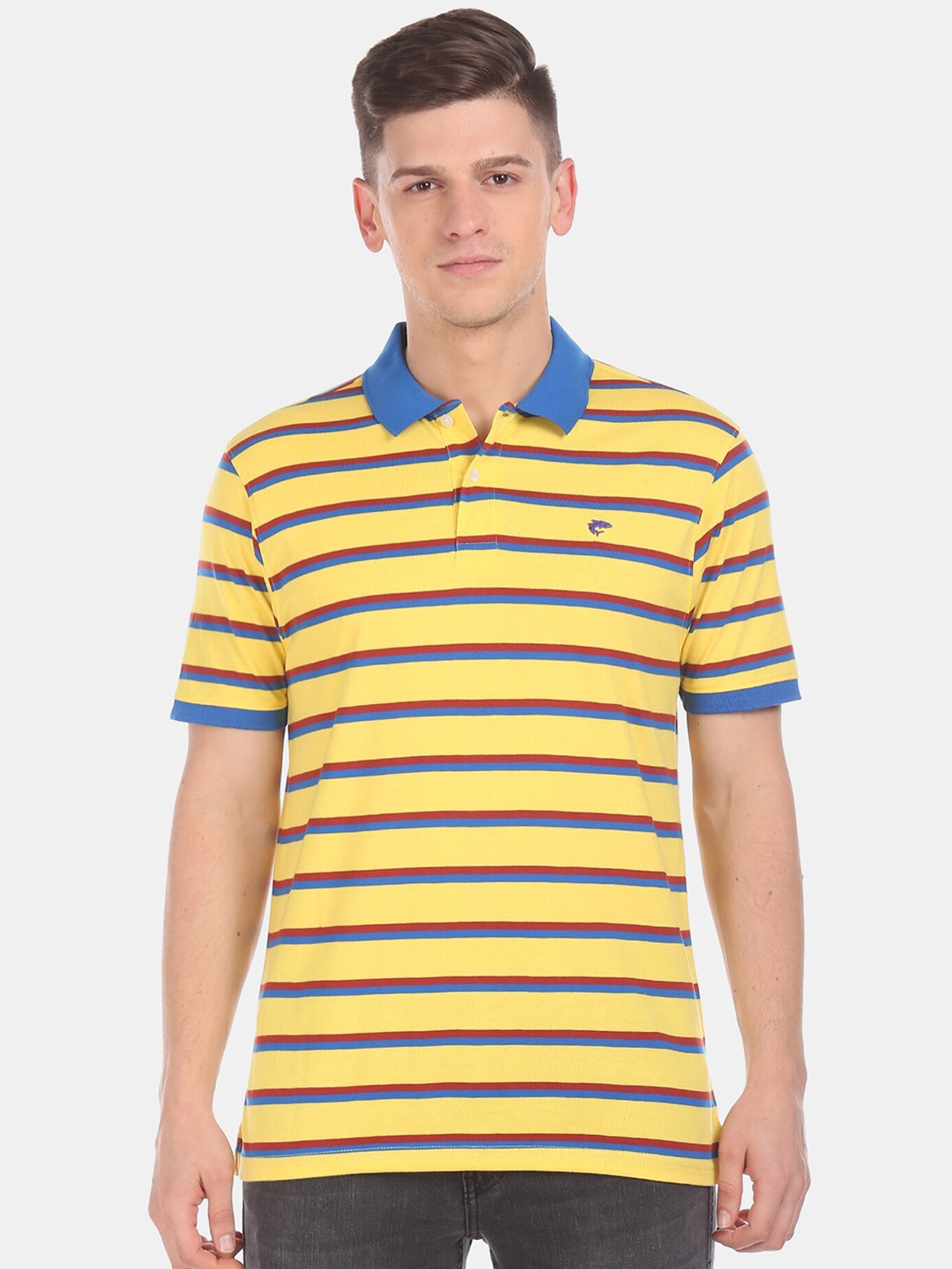 

Ruggers Men Yellow Striped Polo Collar T-shirt