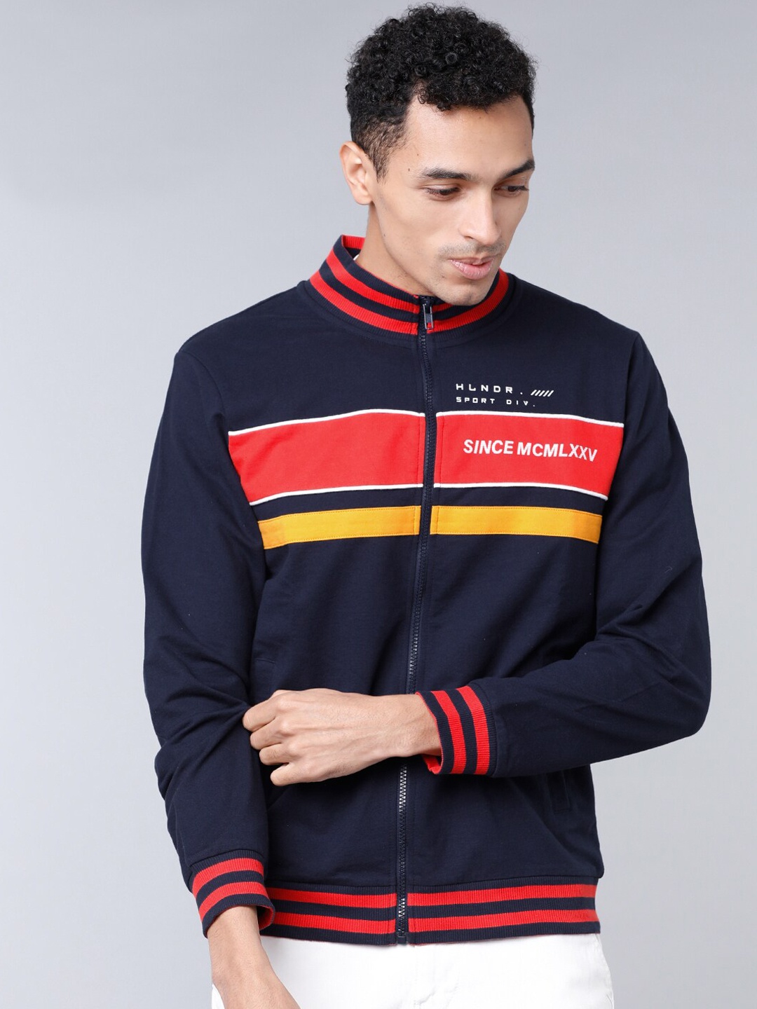 

HIGHLANDER Men Navy Blue & Red Striped Sweatshirt