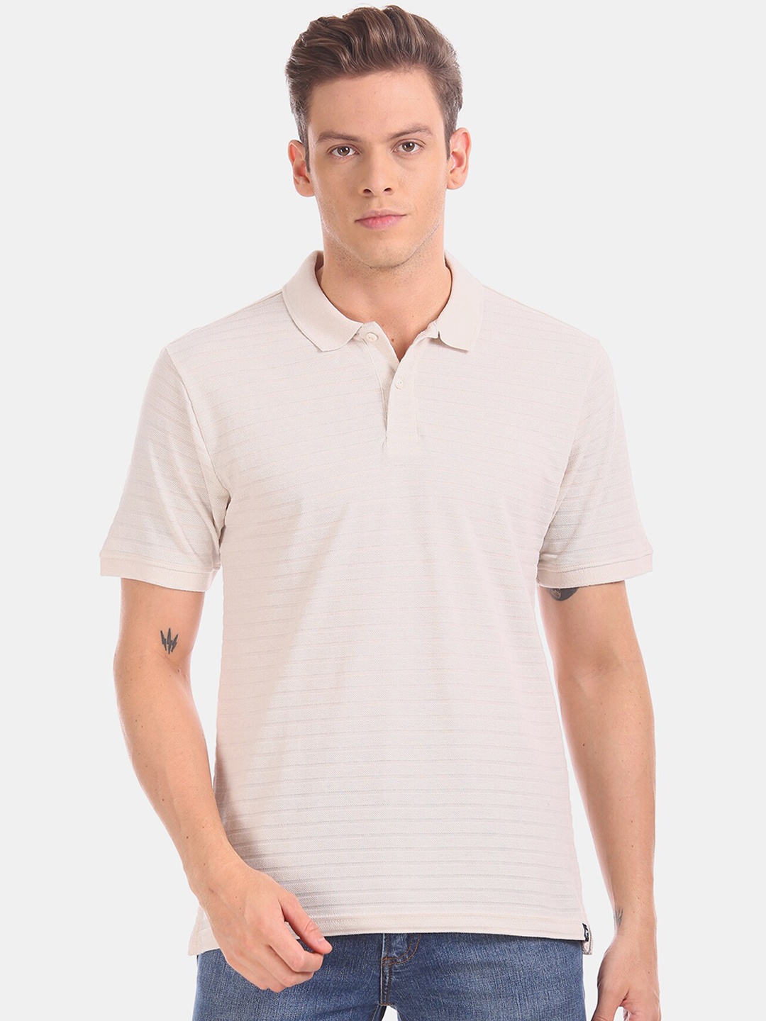 

Ruggers Men Off-White Striped Polo Collar T-shirt