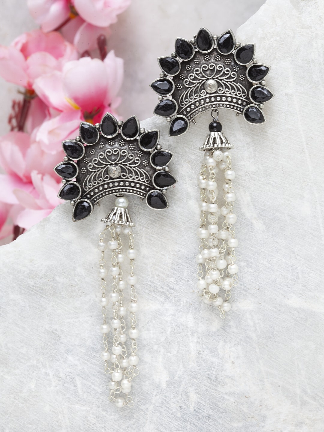 

Moedbuille Silver-Plated & Black Handcrafted Pearl Studded Contemporary Jhumkas
