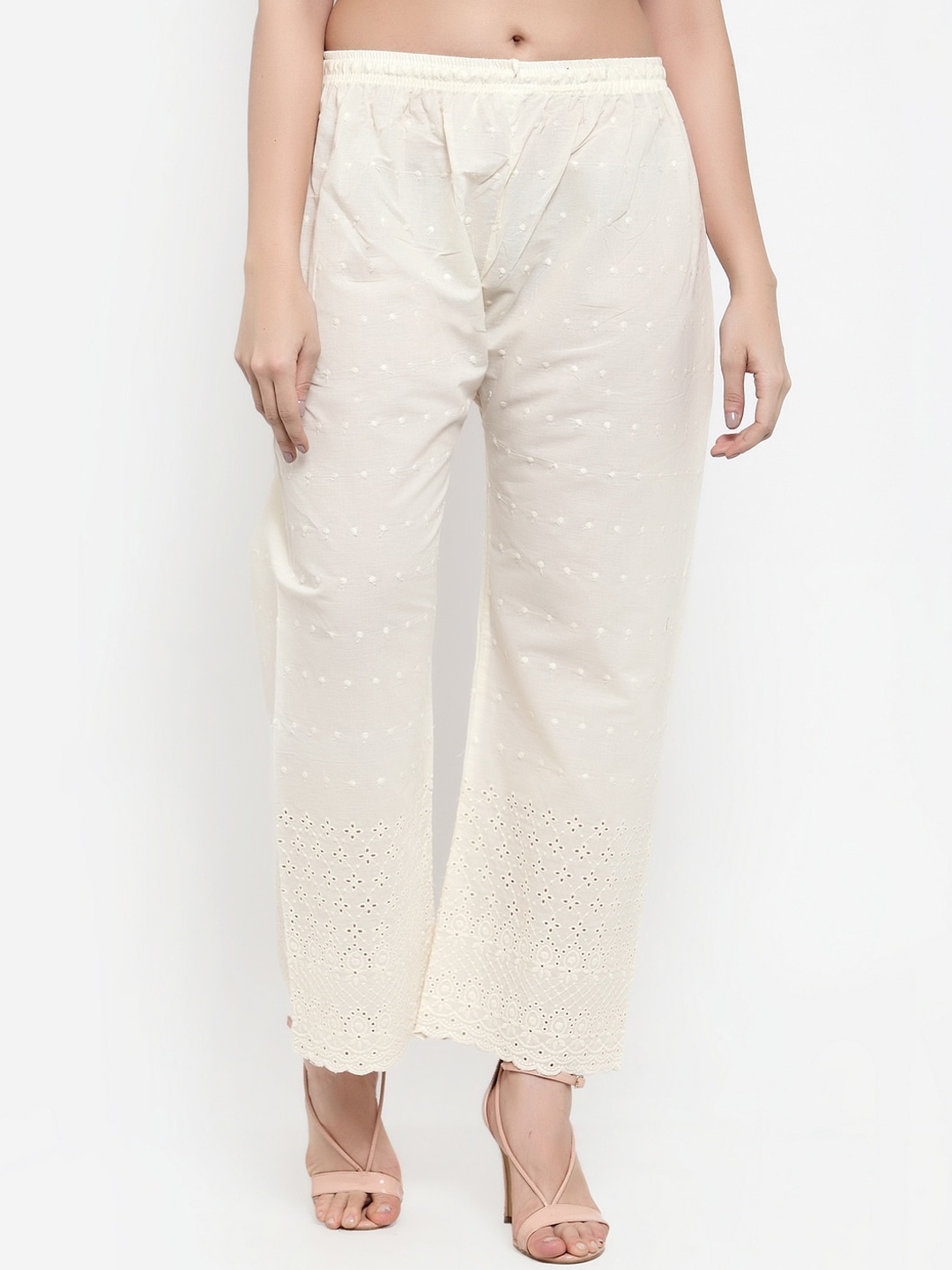 

Miaz Lifestyle Women Off White Embroidered Straight Palazzos