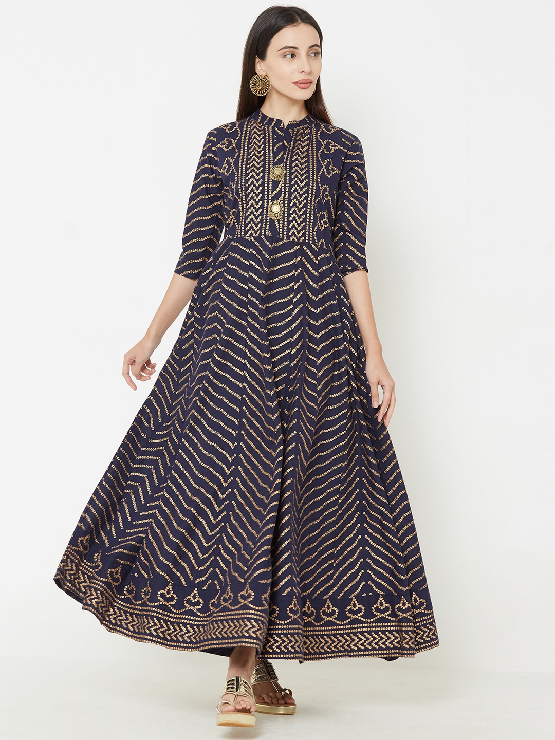 

FASHOR Women Navy Blue Striped Anarkali Kurta