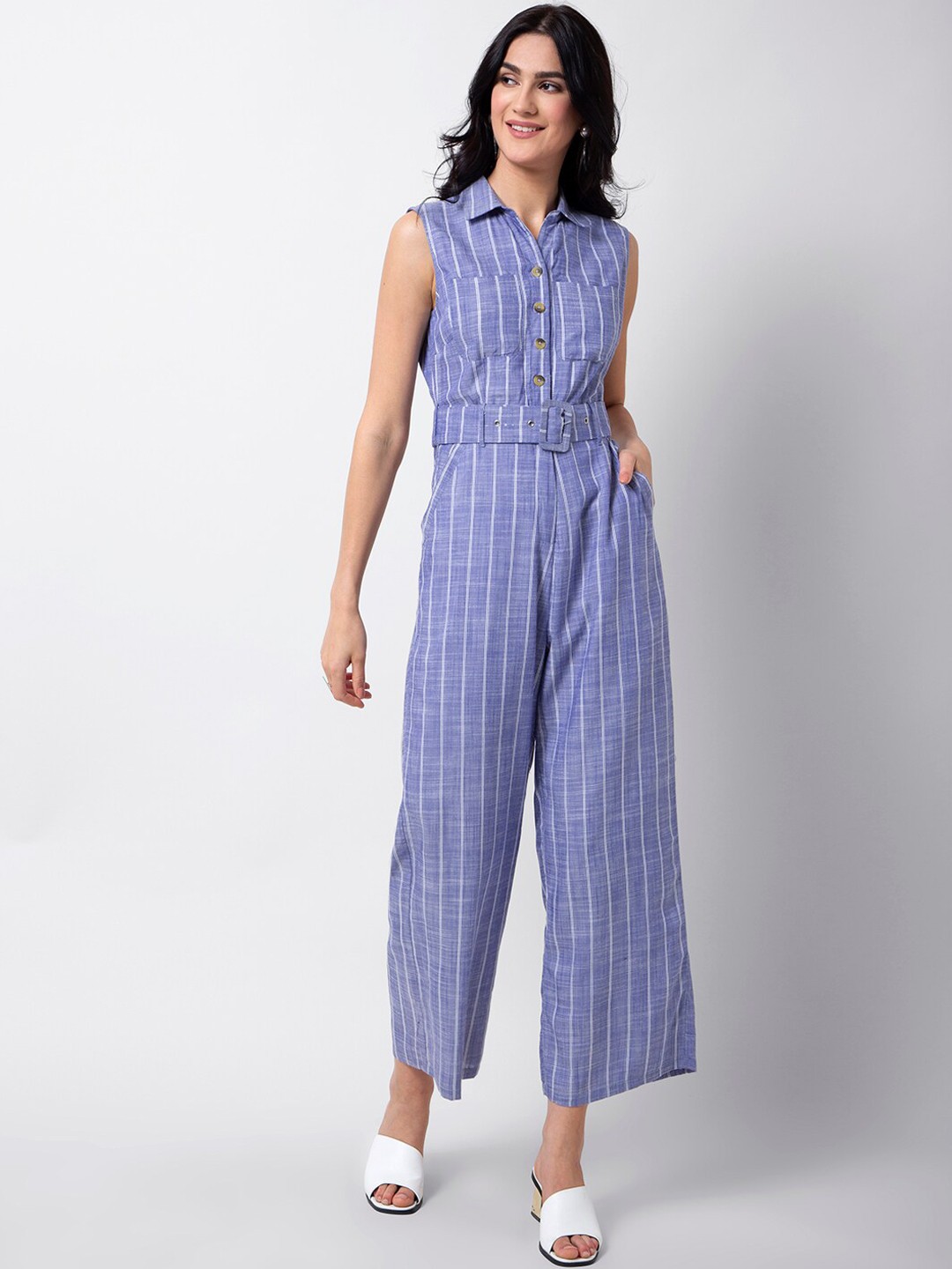 

FabAlley Women Blue Striped Basic Jumpsuit