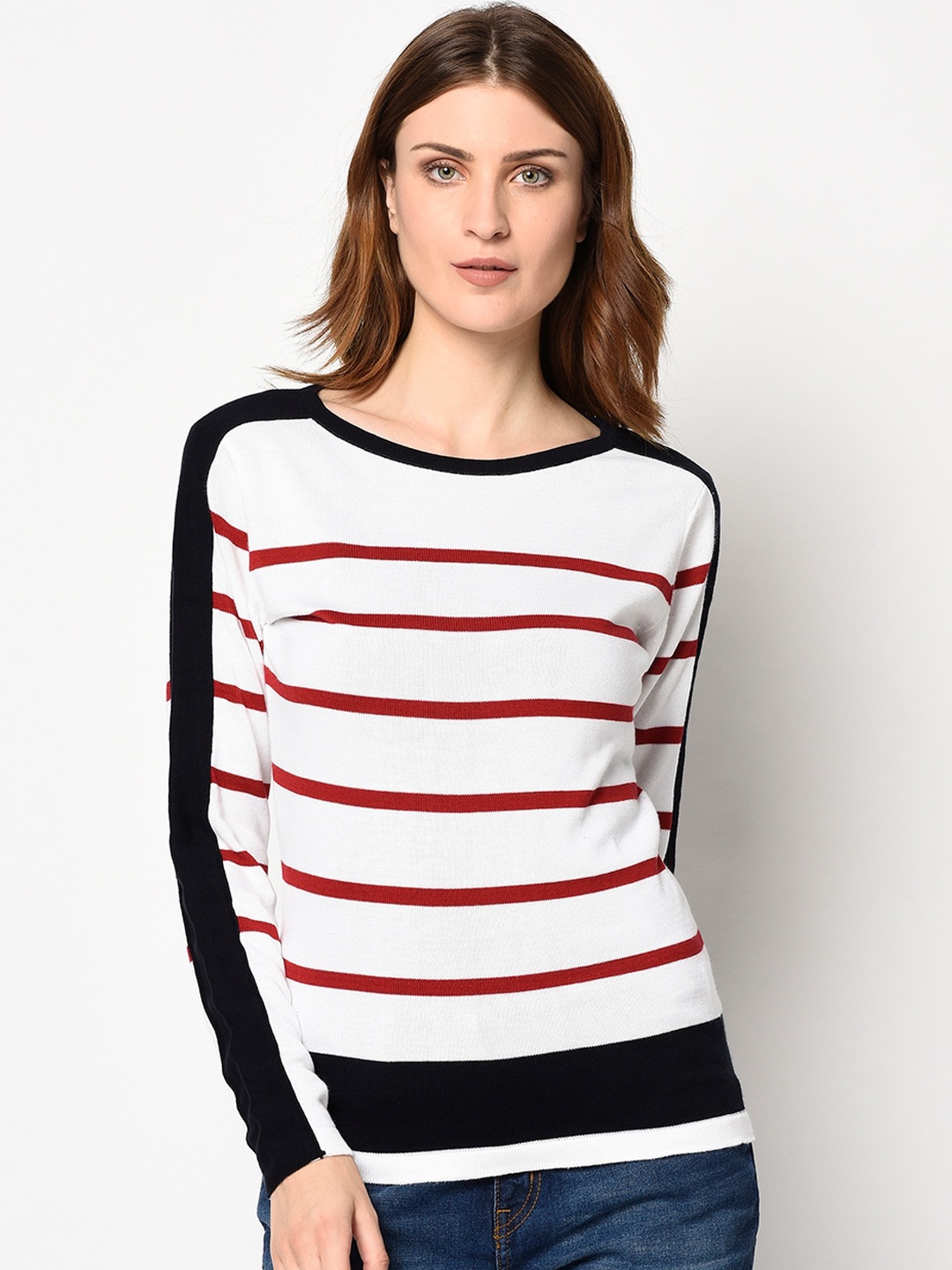 

98 Degree North Women White Striped Pullover Sweater