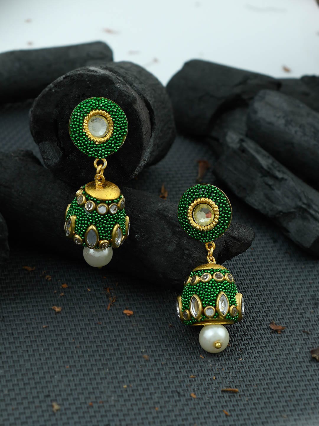 

Silvermerc Designs Gold-Plated & Green Dome Shaped Jhumkas