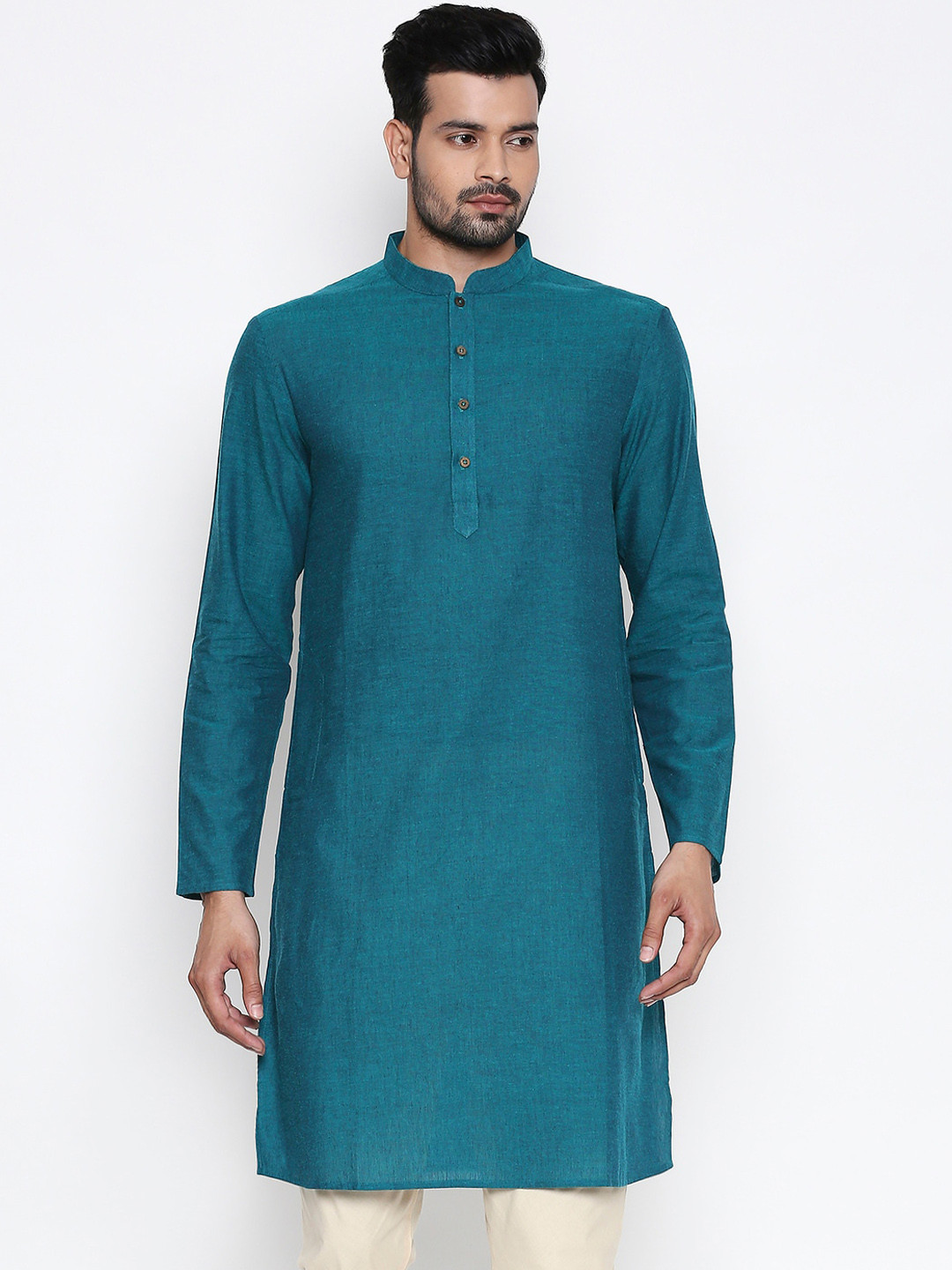 

indus route by Pantaloons Men Teal Blue Woven Design Straight Kurta
