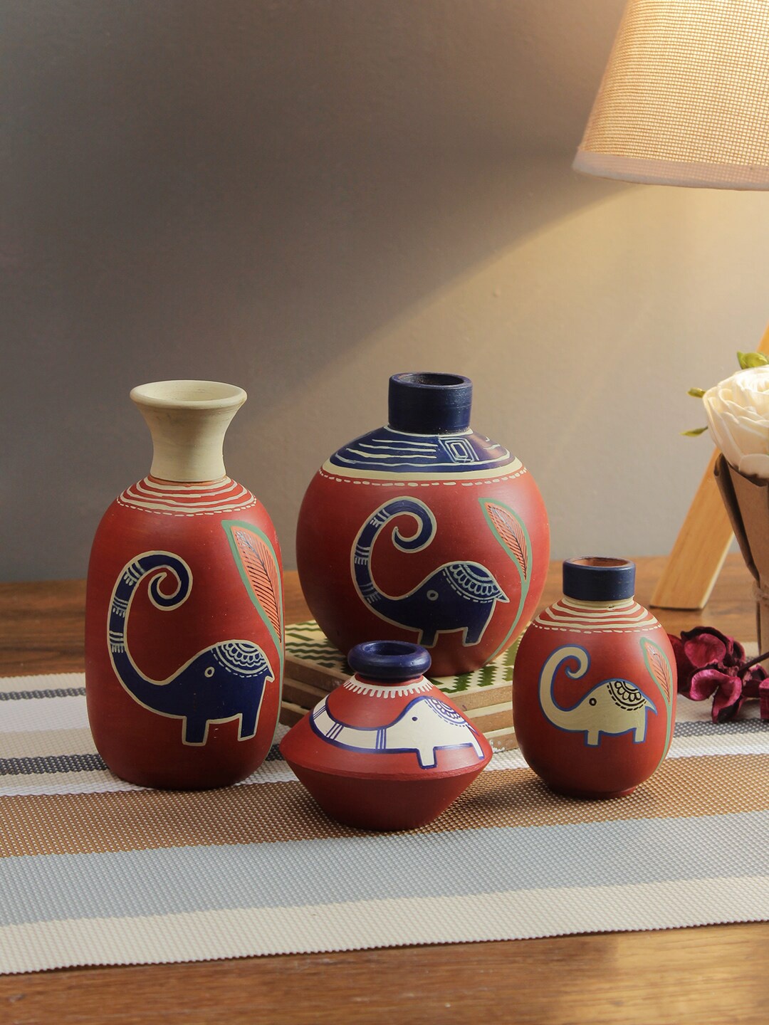 

Aapno Rajasthan Red & Blue Set Of 4 Worli Style Handcrafted Terracotta Vases