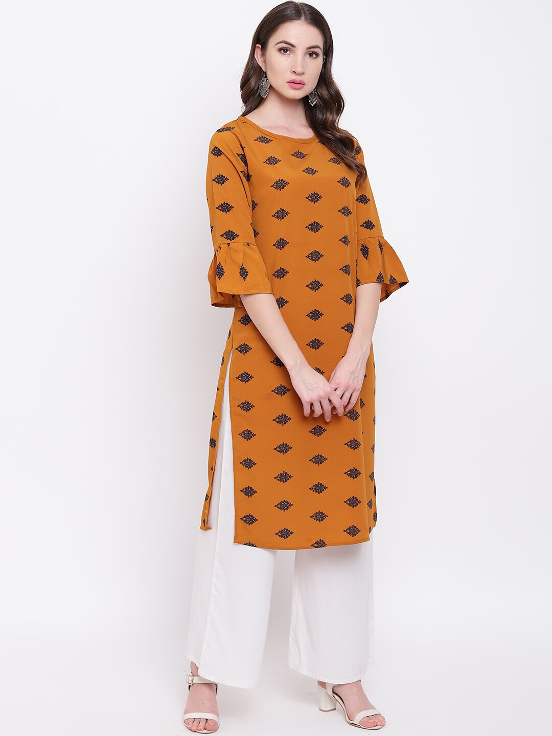

Napra Women Mustard Brown & Navy Blue Printed Kurta with Trousers