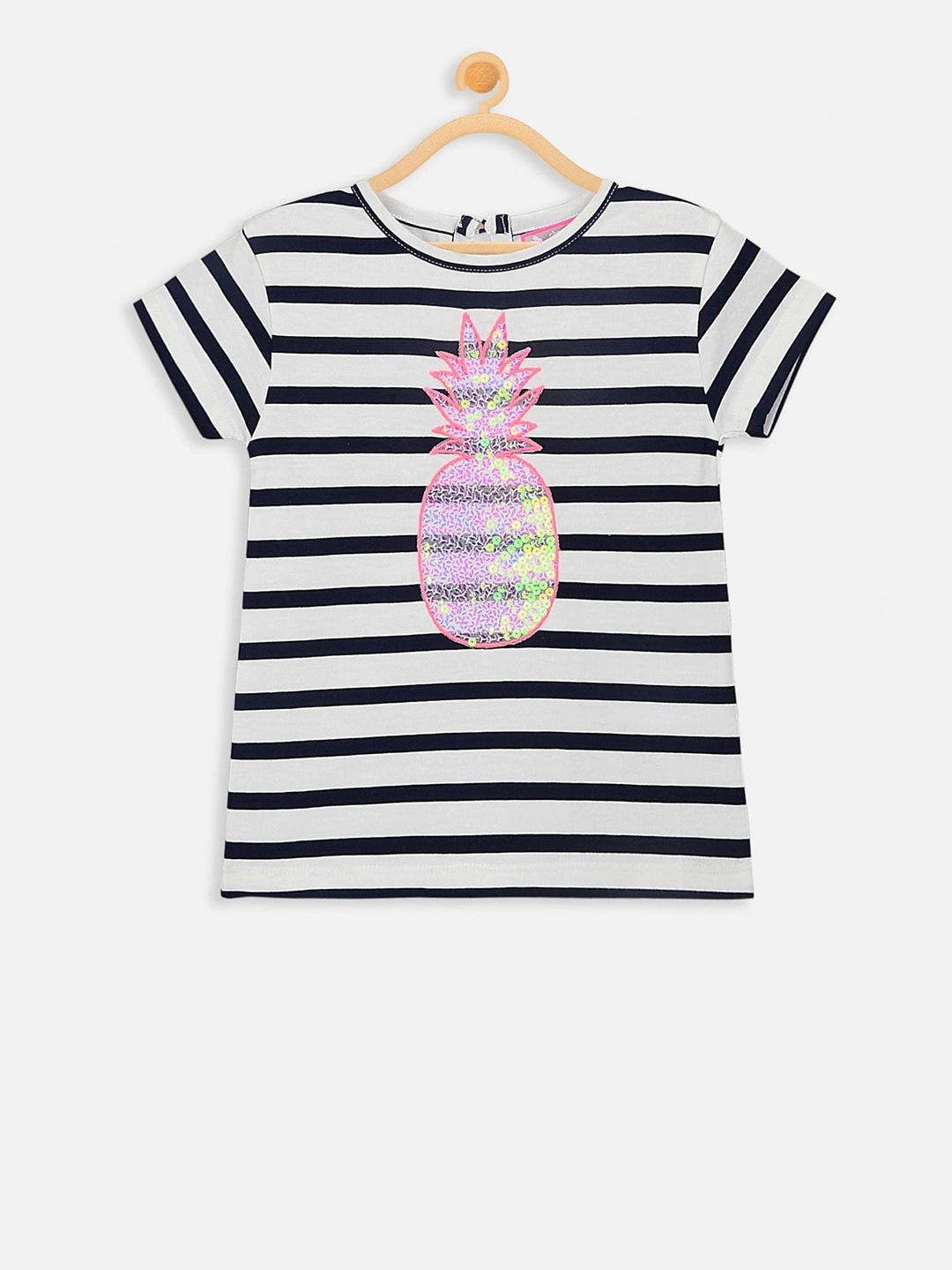Cherry Crumble Girls White Striped Round Neck T-shirt