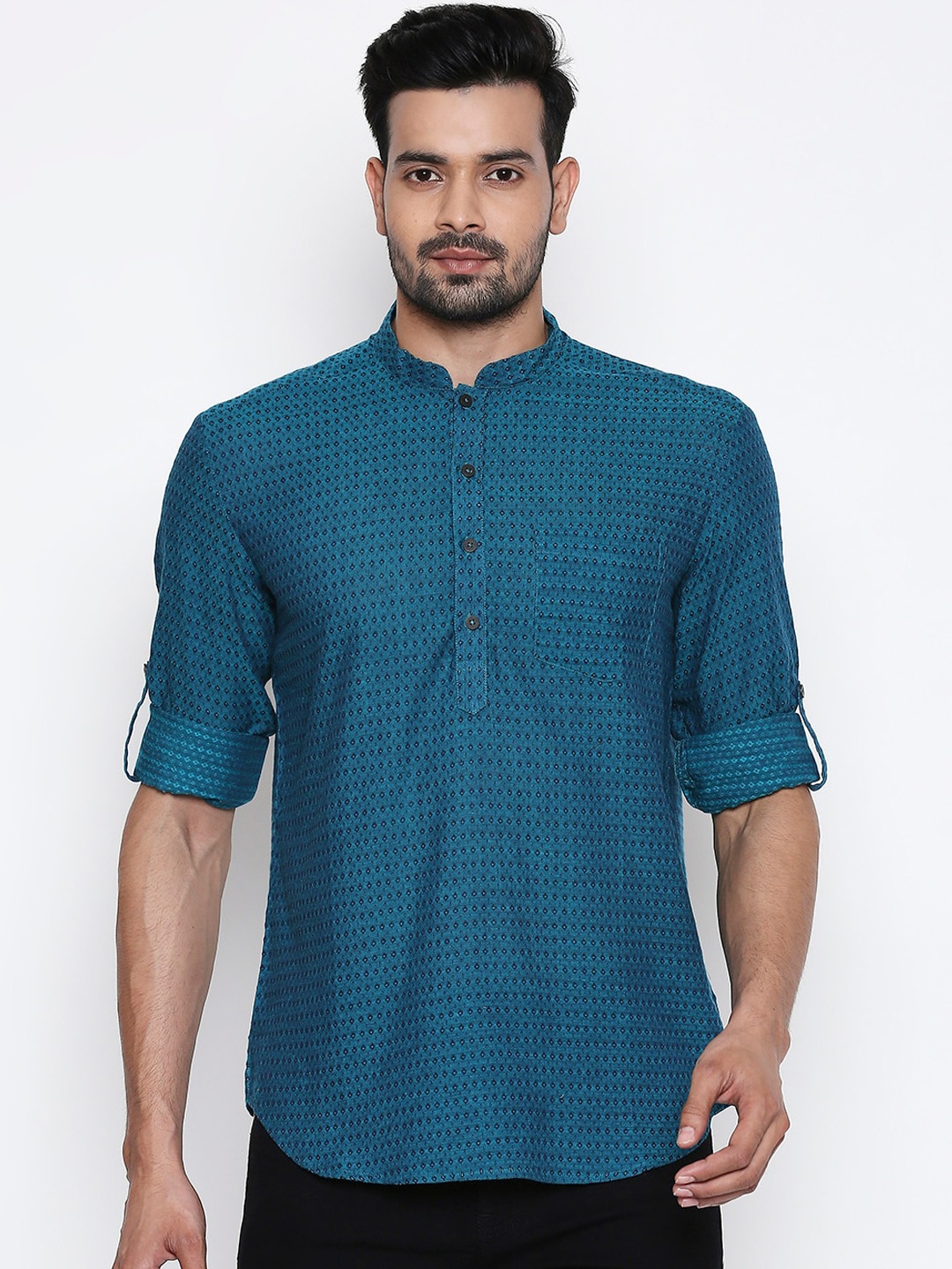

indus route by Pantaloons Men Teal Blue Woven Design Straight Kurta