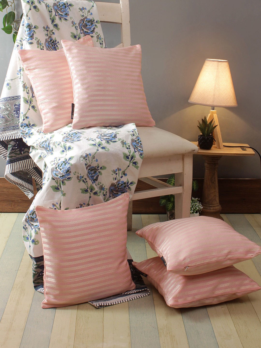 

ROMEE Pink Set of 5 Striped Square Cushion Covers