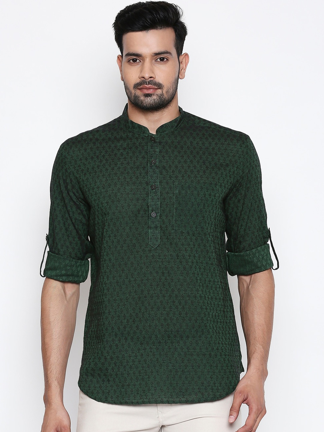 

indus route by Pantaloons Men Olive Green Woven Design Straight Kurta
