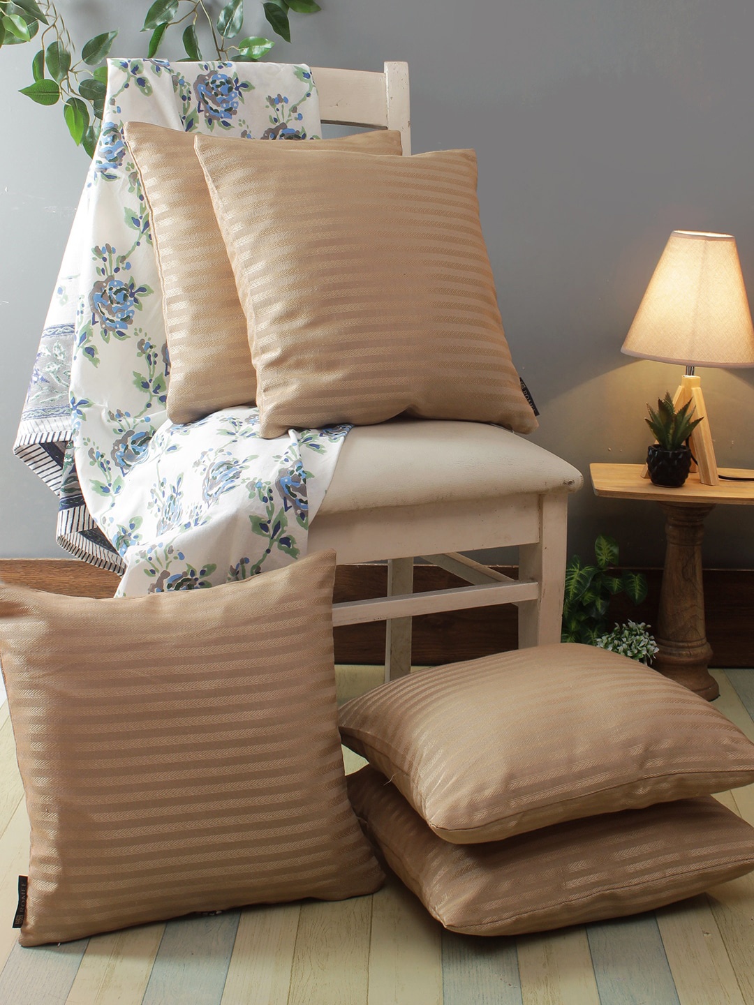 

ROMEE Beige Set of 5 Striped Square Cushion Covers