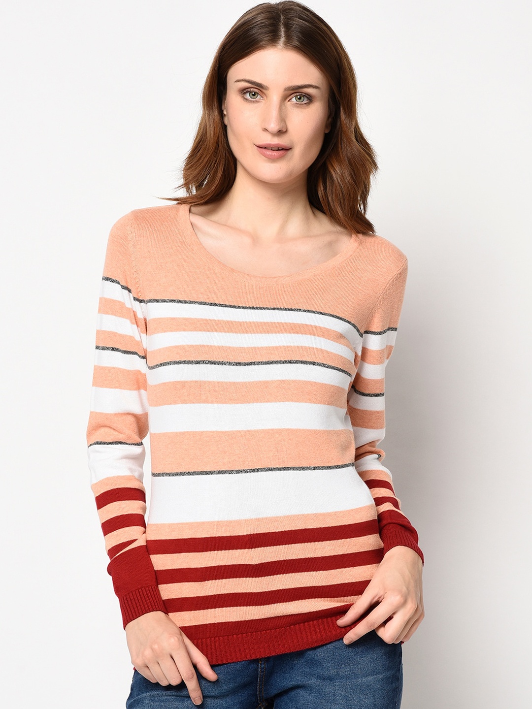 

98 Degree North Women Peach-Coloured & White Striped Pullover Sweater