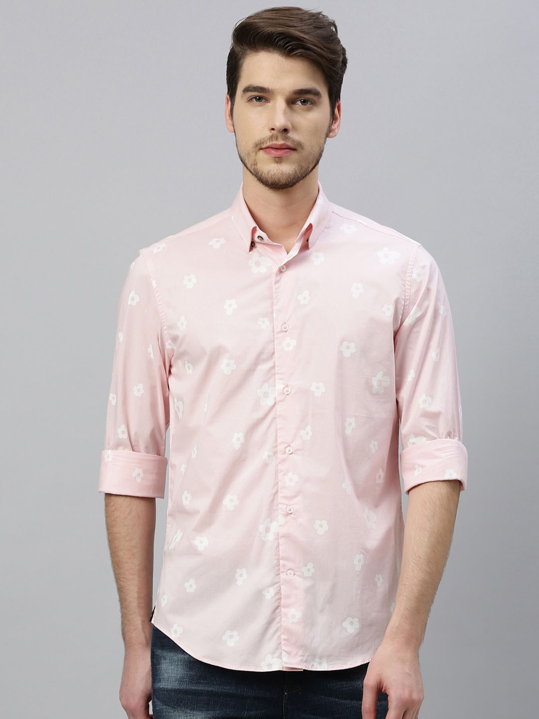 

RARE RABBIT Men Pink & Off-White Tailored Fit Printed Casual Shirt