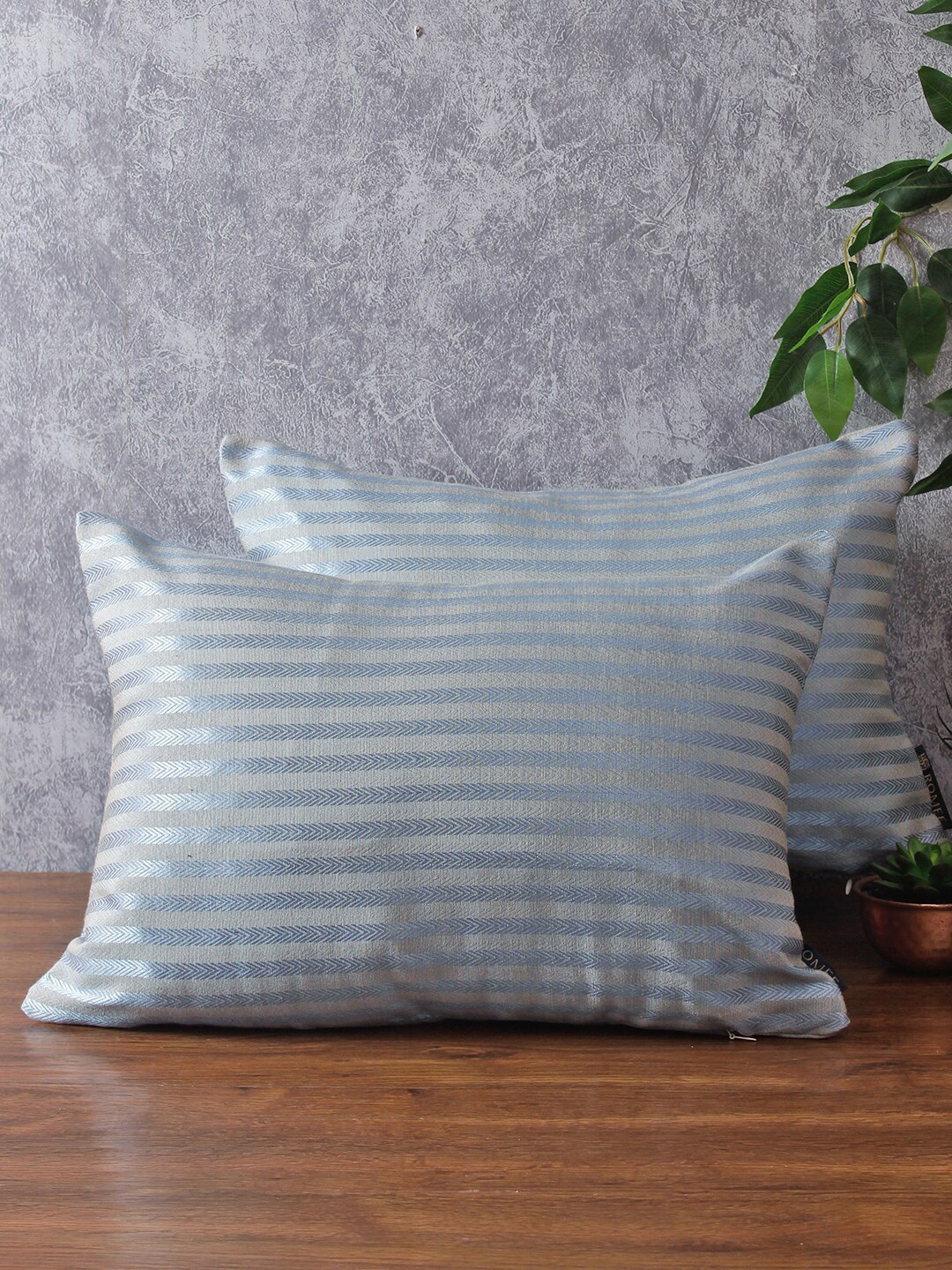 

ROMEE Blue & Silver-Toned Set of 2 Striped Rectangular Cushion Covers