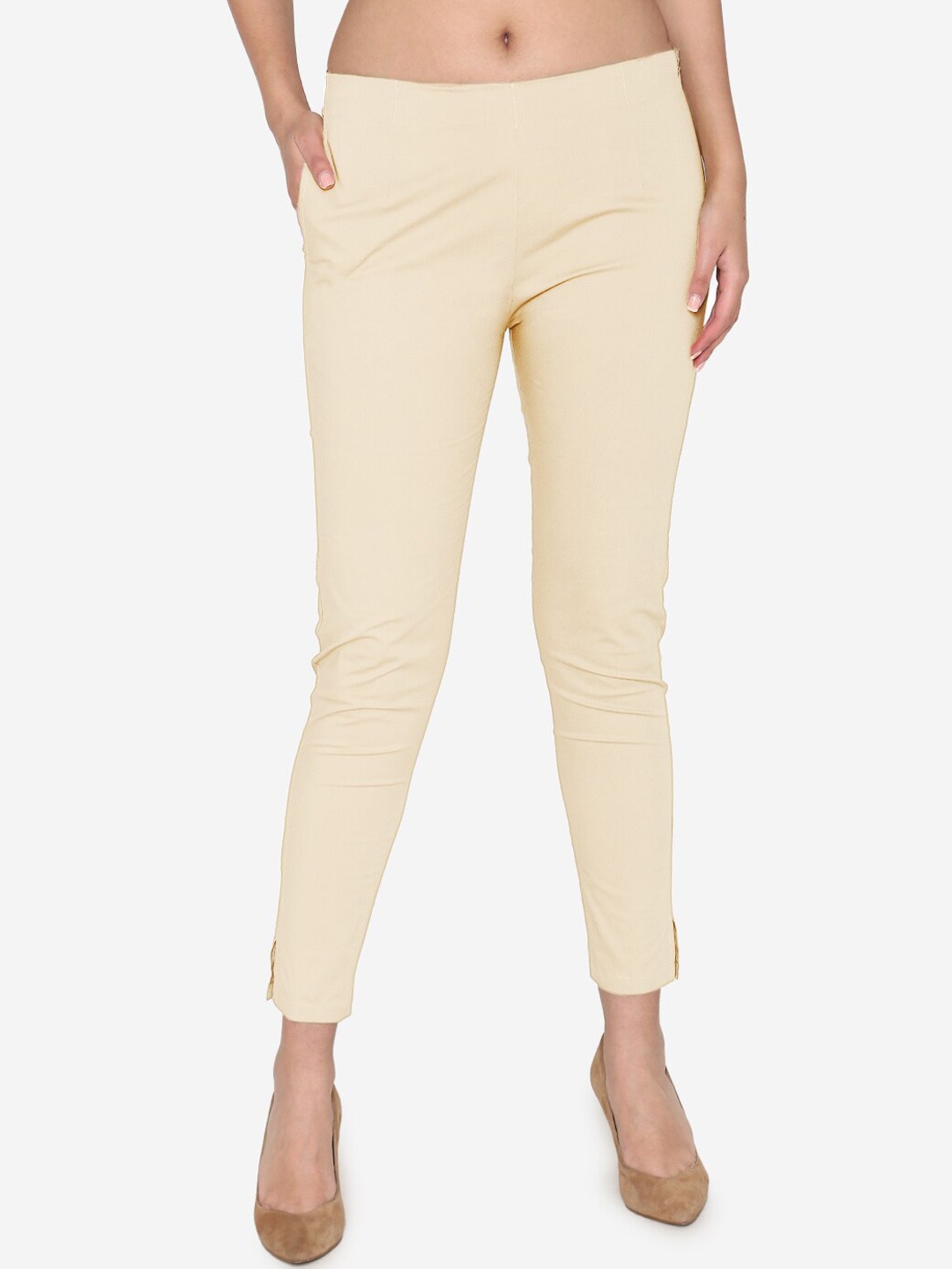 

Vami Women Cream-Coloured Regular Fit Solid Cigarette Trousers