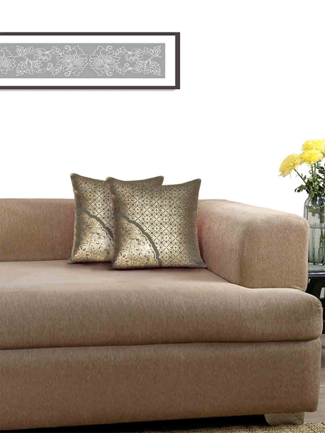 

Lushomes Grey & Gold-Toned Set of 2 Jacquard Square Cushion Covers