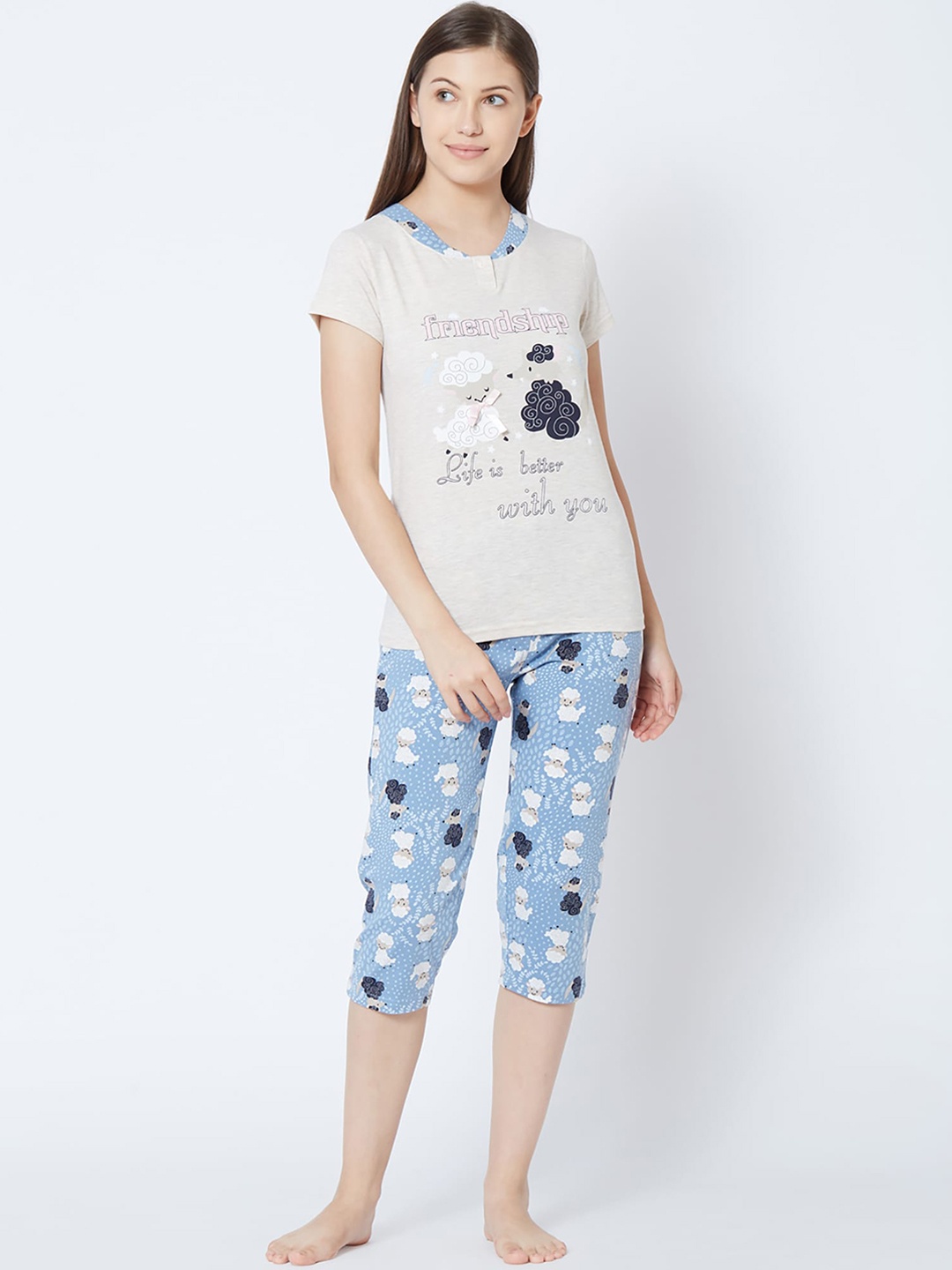 

Sweet Dreams Women Blue & Off-White Printed Night suit