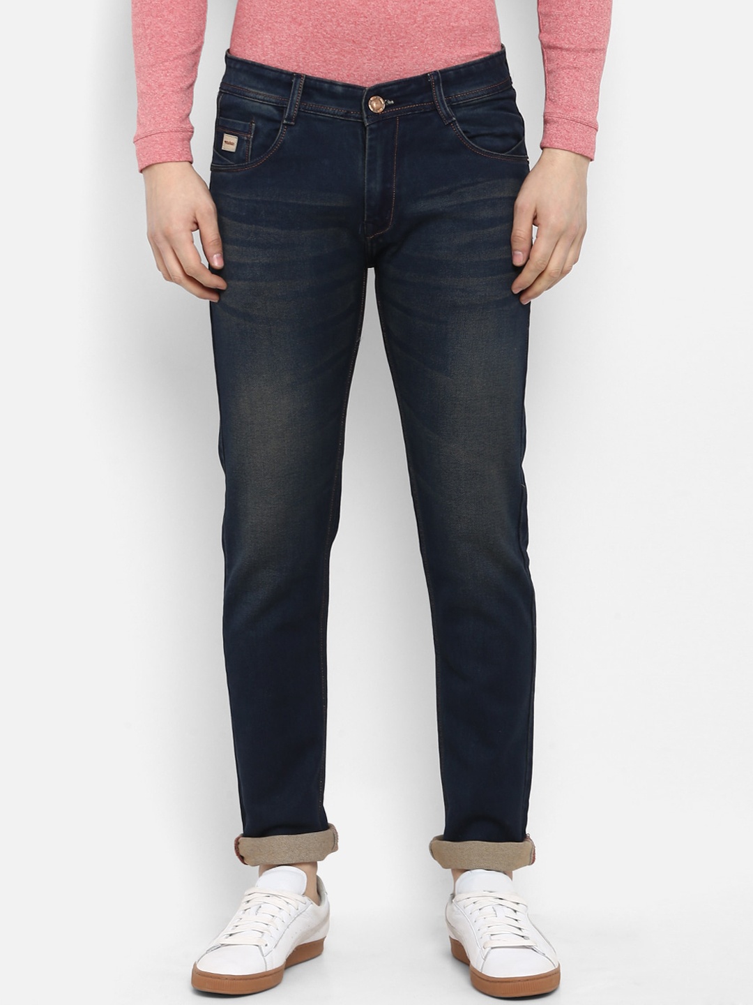 

Routeen Men Mid Rise Clean Look Slim Fit Stretchable Jeans, Blue