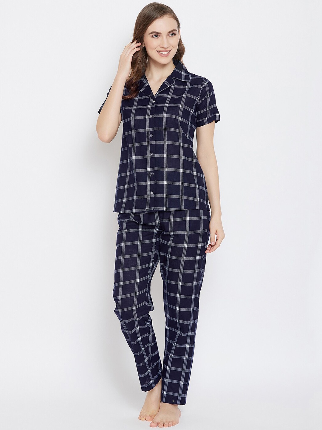 

Clovia Women Navy Blue Checked Night suit