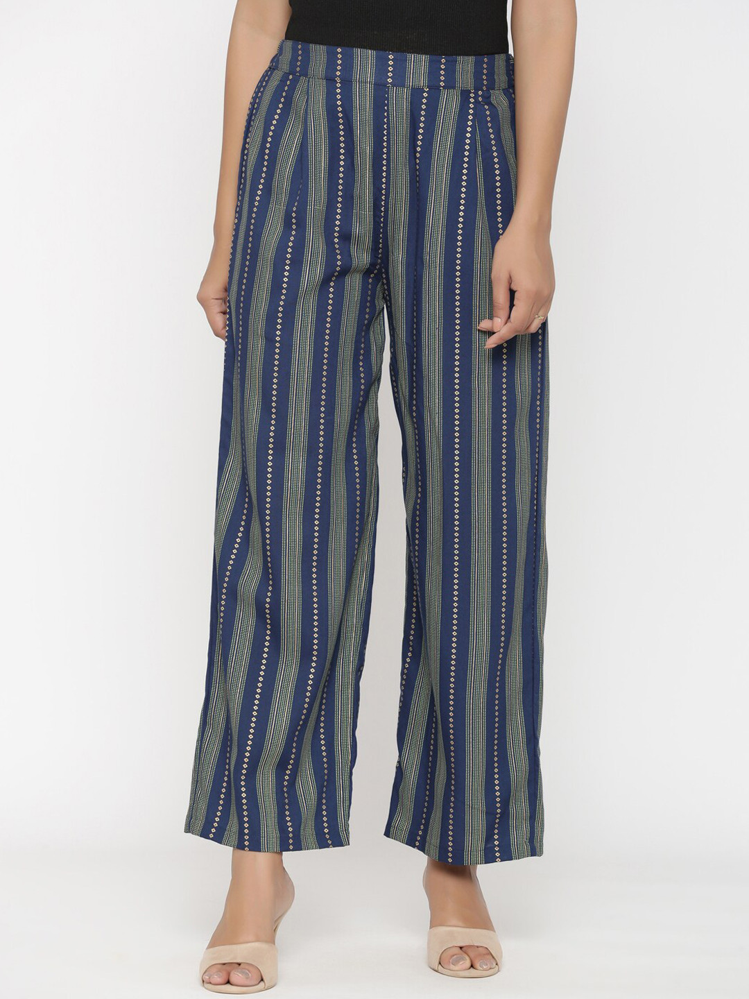 

RANGMAYEE Women Navy Blue Striped Straight Palazzos